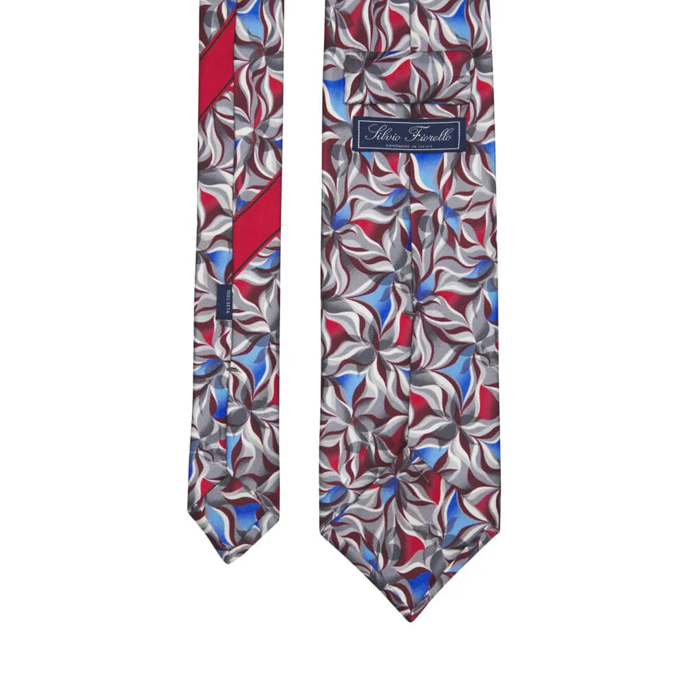 Blue Red and Grey Abstract Flowers Silk Tie