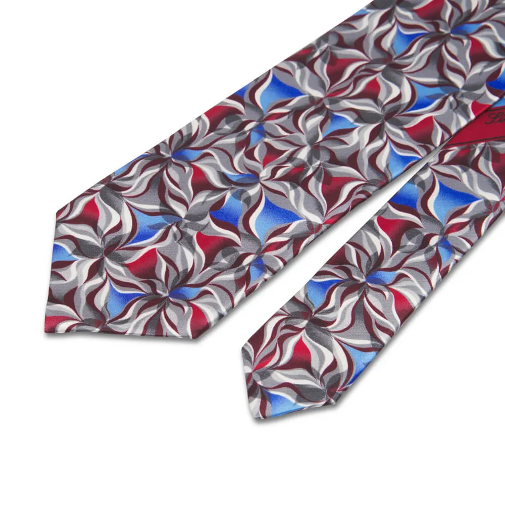 Blue Red and Grey Abstract Flowers Silk Tie