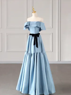 Blue Satin Long Formal Dress Blue Strapless A-Line Prom Dress
