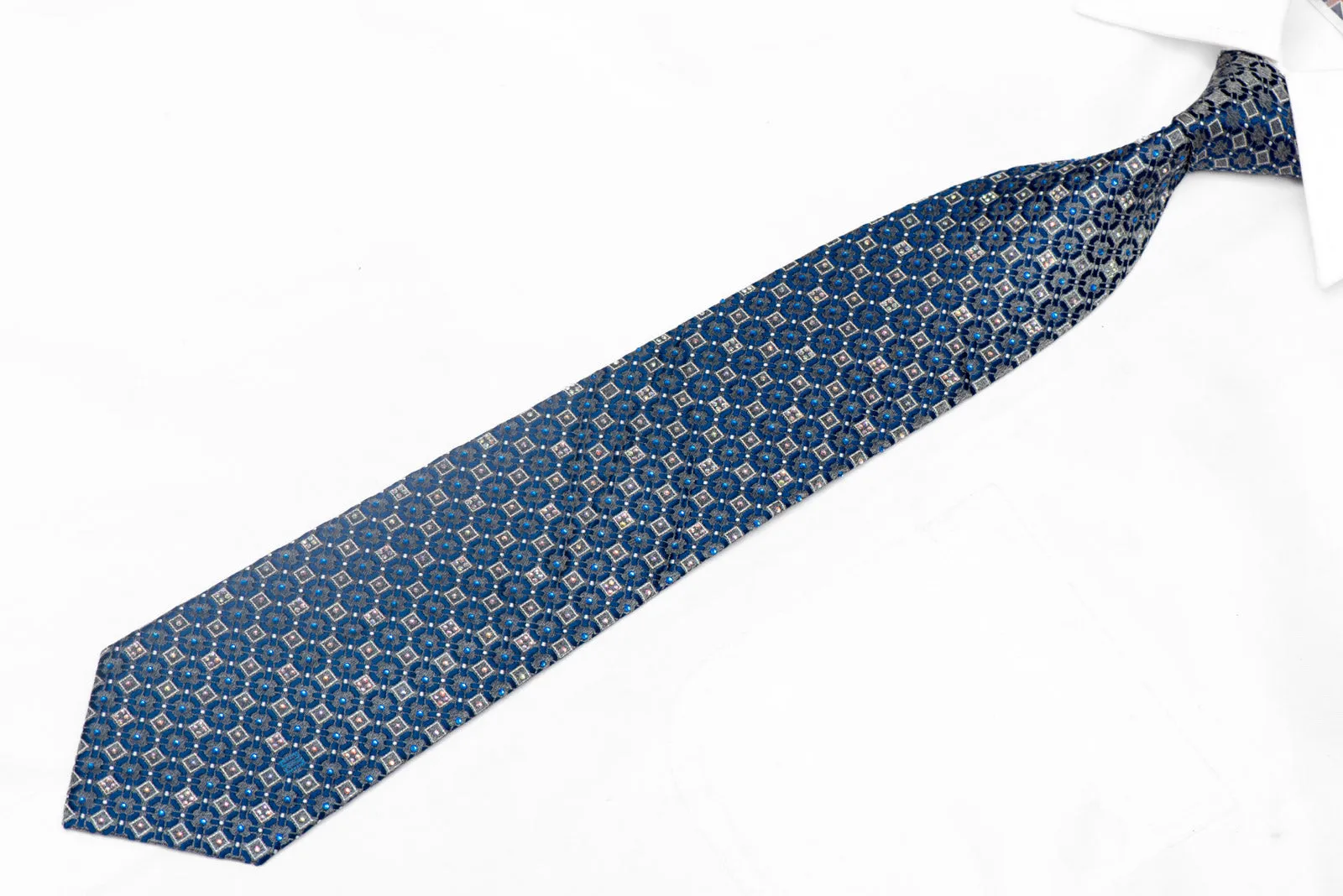 Blue Silver Geometric Design On Silver Silk Rhinestone Tie With Sparkles