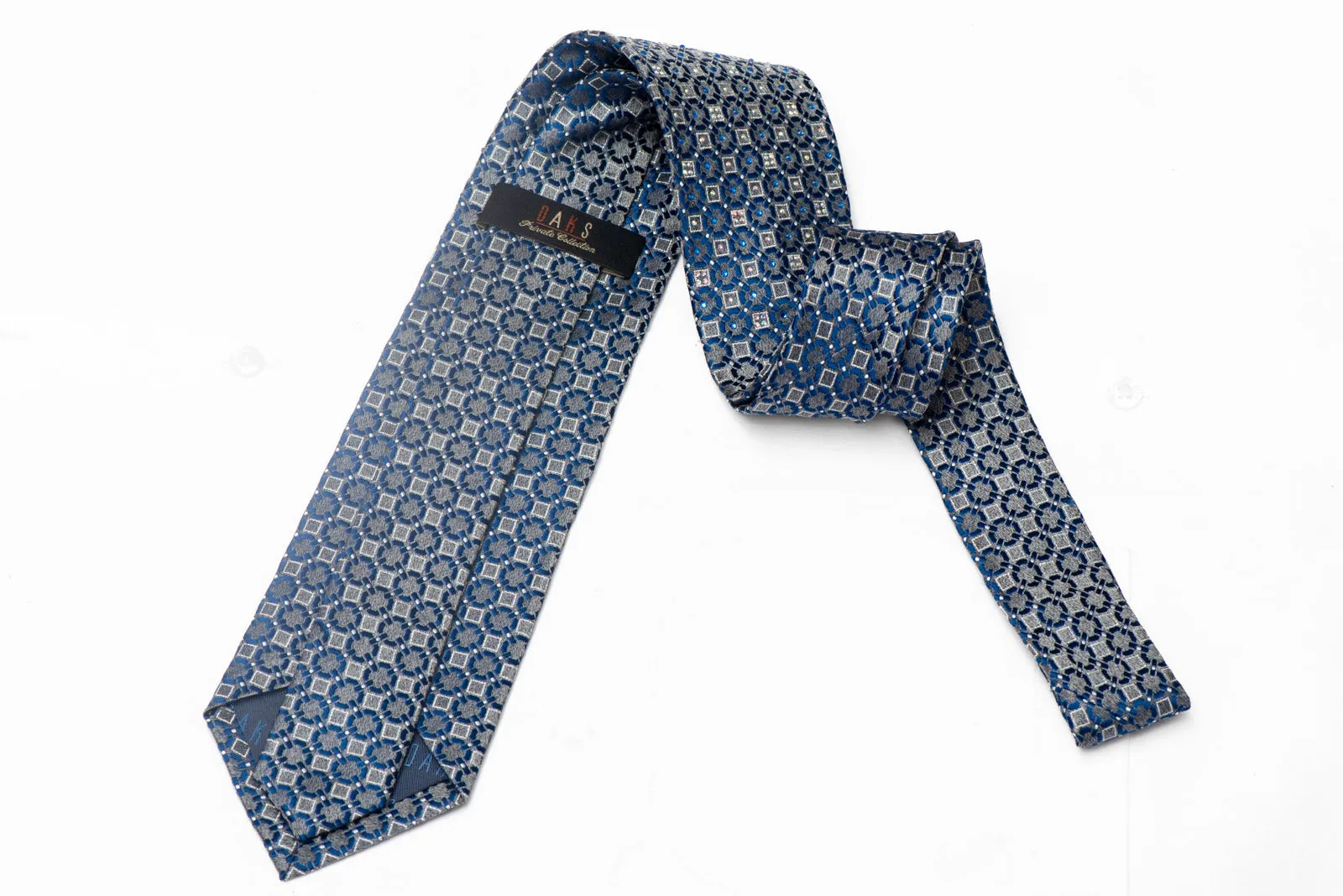 Blue Silver Geometric Design On Silver Silk Rhinestone Tie With Sparkles