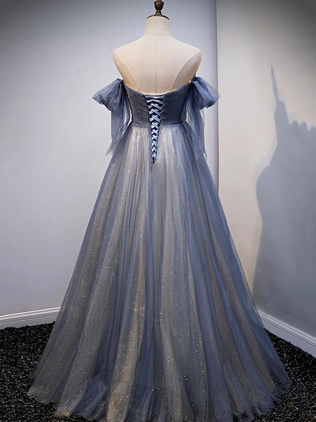 Blue Sweetheart Tulle with Lace Party Dress Blue Long Formal Dress