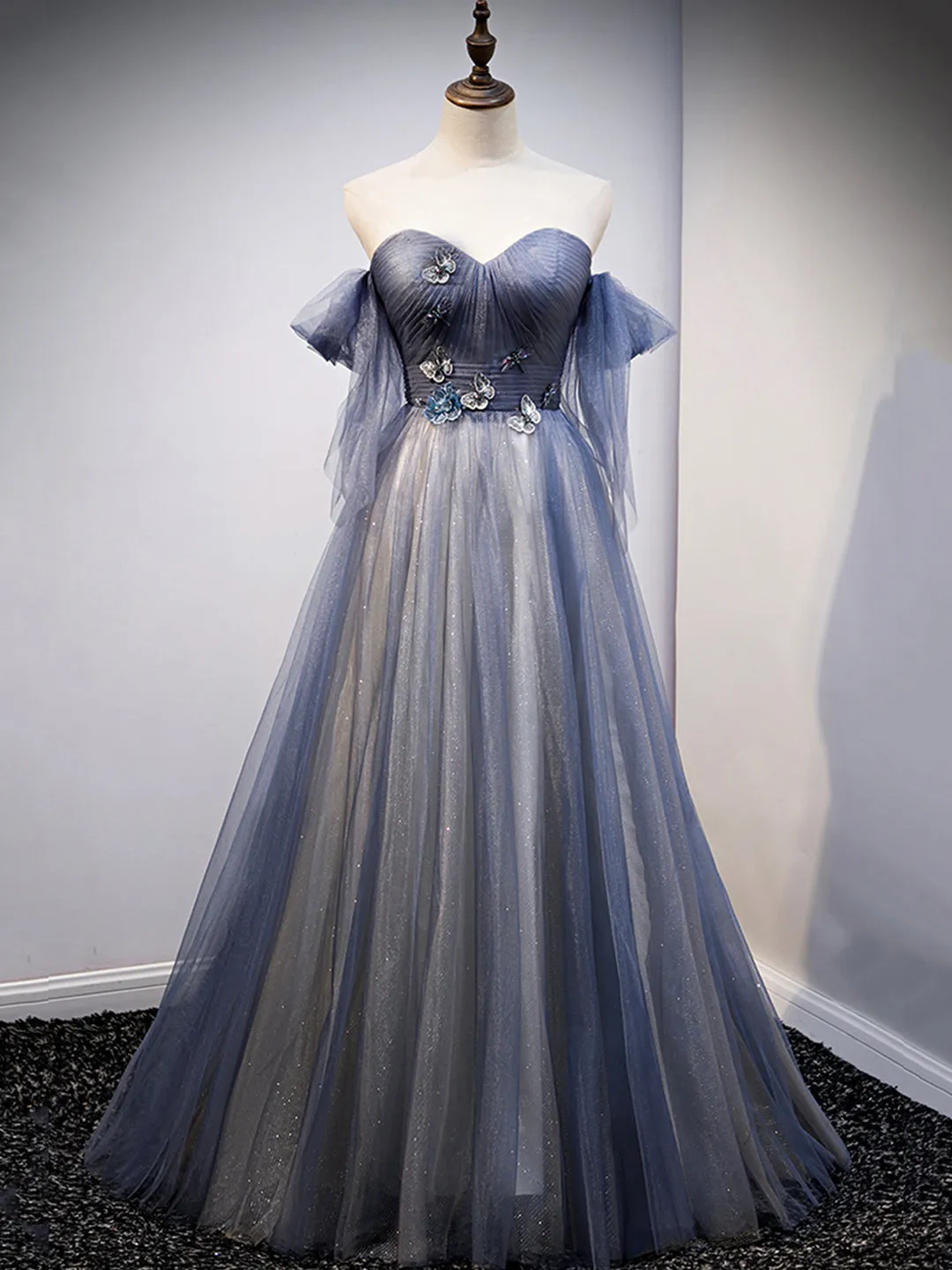 Blue Sweetheart Tulle with Lace Party Dress Blue Long Formal Dress