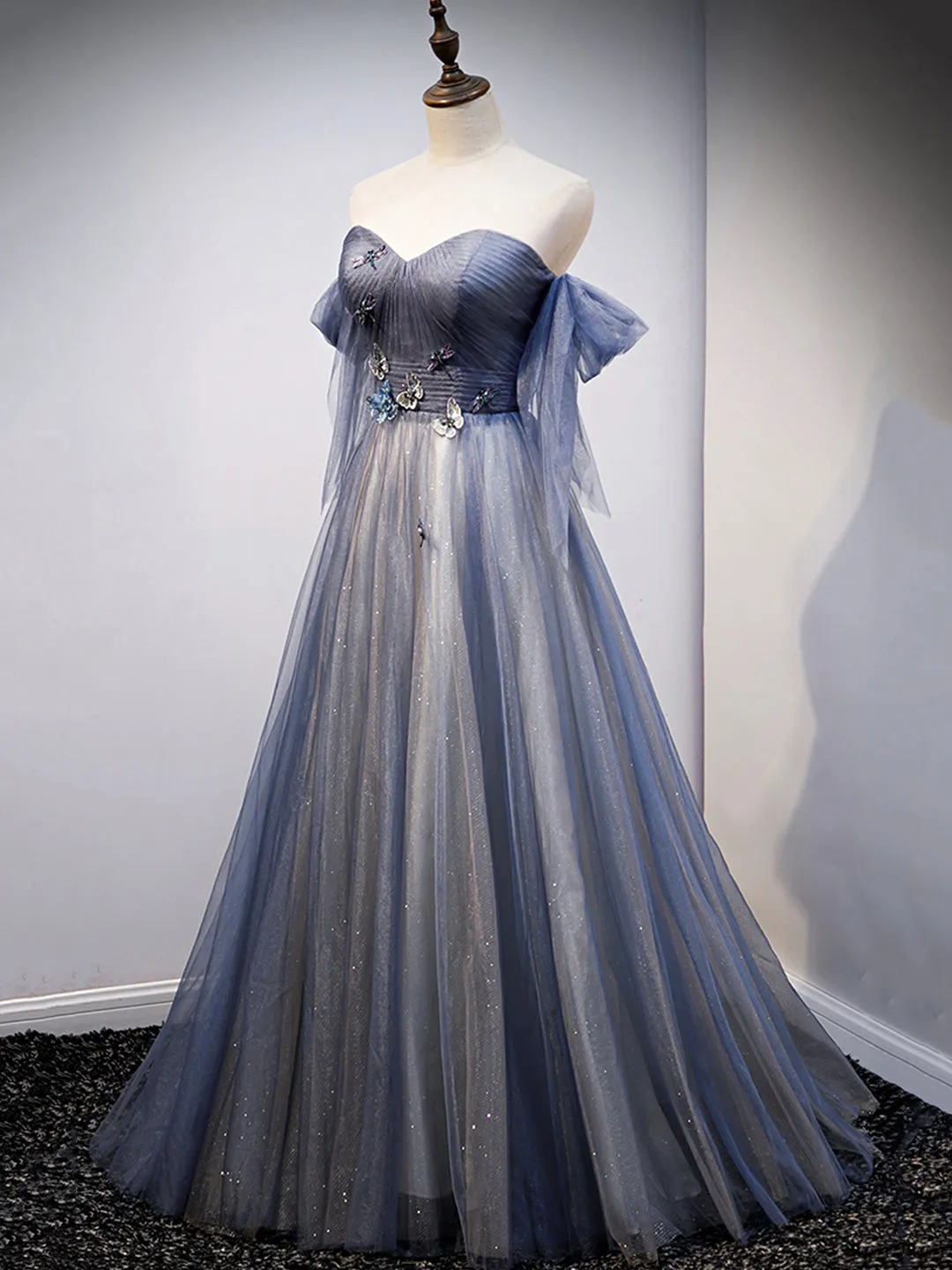 Blue Sweetheart Tulle with Lace Party Dress Blue Long Formal Dress