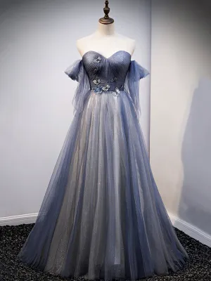 Blue Sweetheart Tulle with Lace Party Dress Blue Long Formal Dress