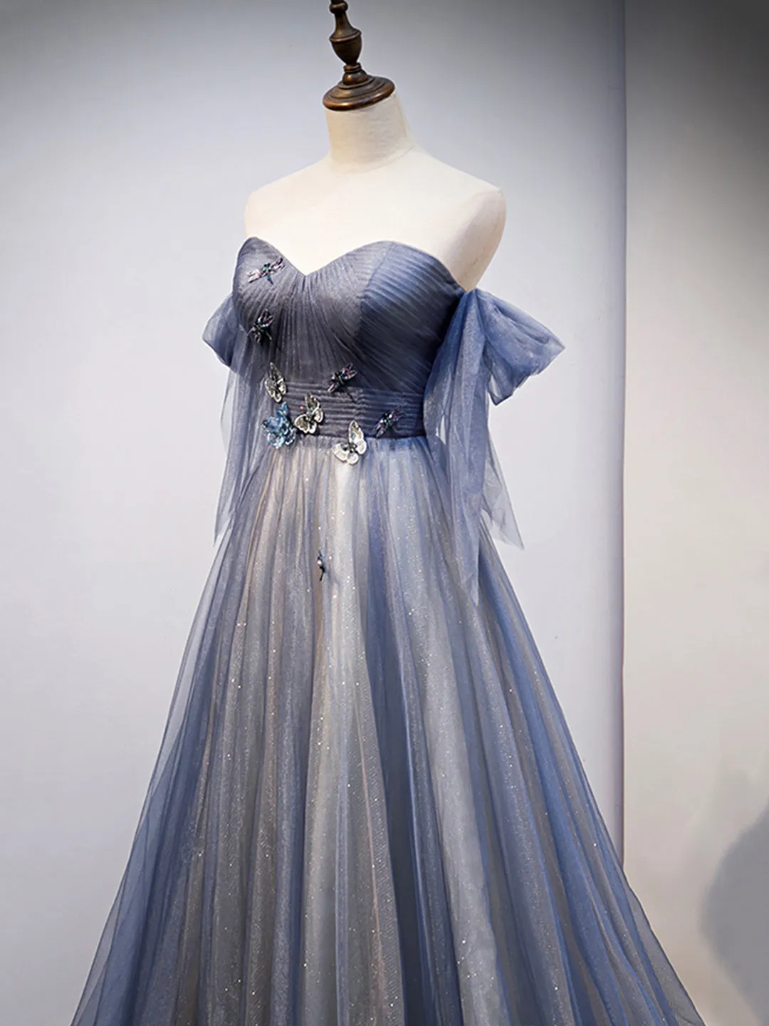 Blue Sweetheart Tulle with Lace Party Dress Blue Long Formal Dress