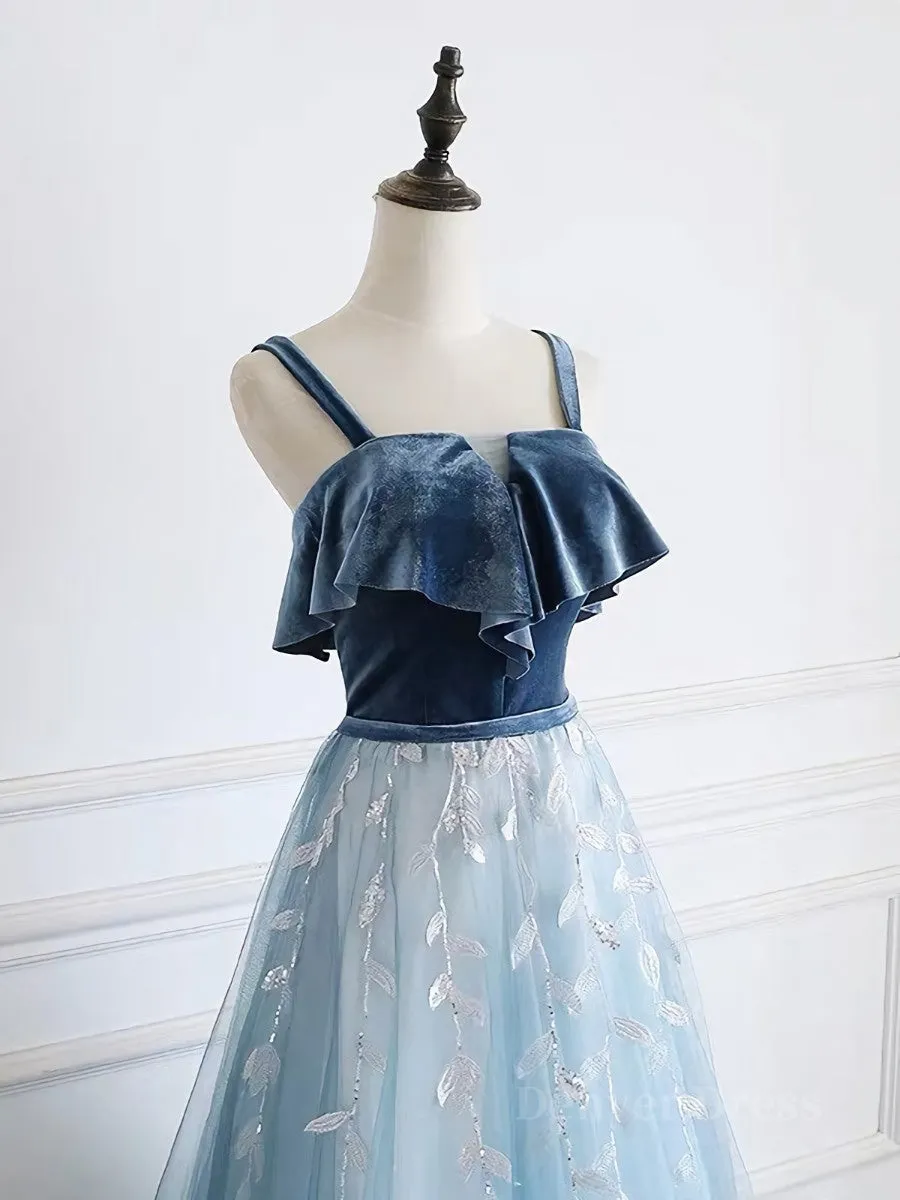 Blue tulle lace long prom dress blue tulle formal dress