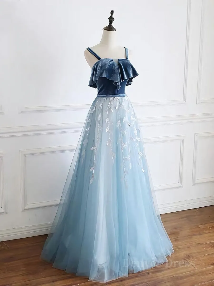 Blue tulle lace long prom dress blue tulle formal dress