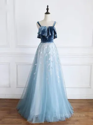 Blue tulle lace long prom dress blue tulle formal dress