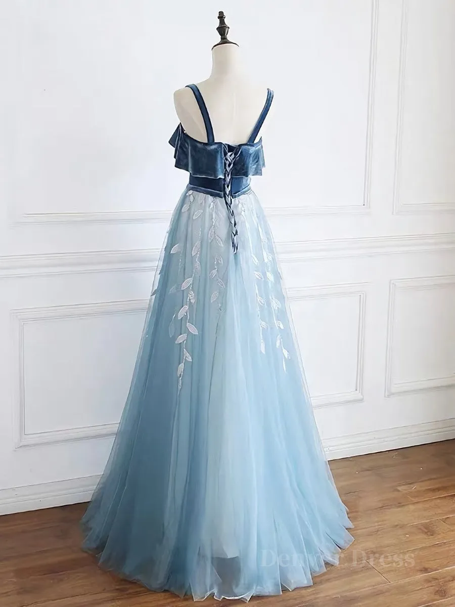 Blue tulle lace long prom dress blue tulle formal dress