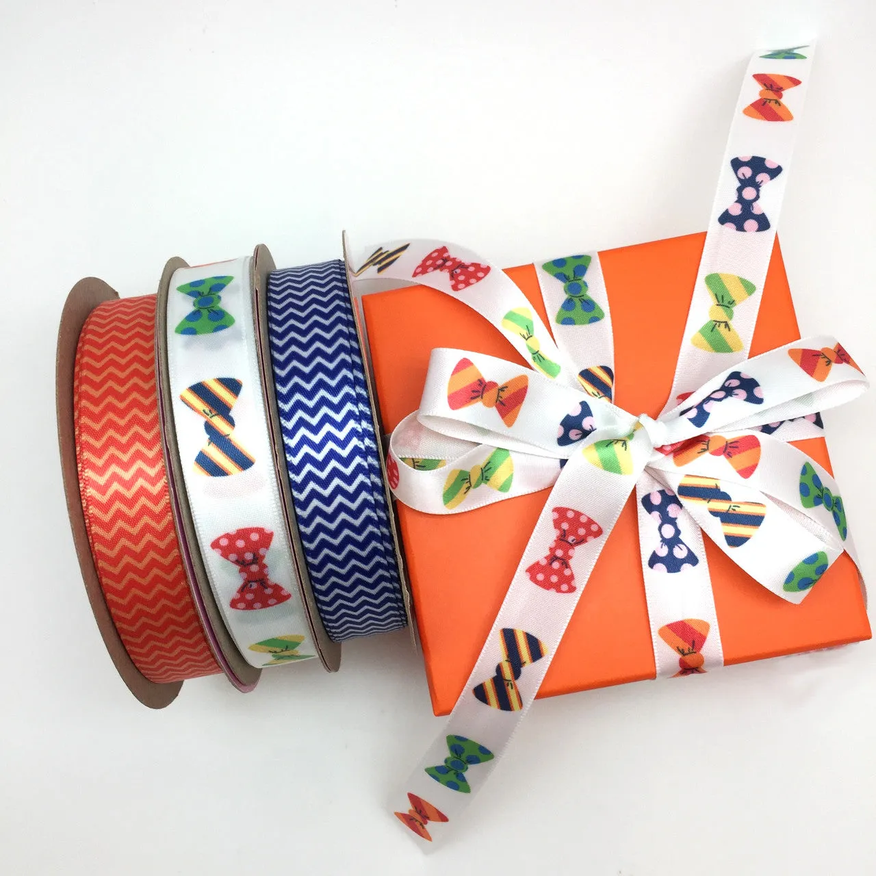Bow Ties Ribbon on 5/8" white single face satin