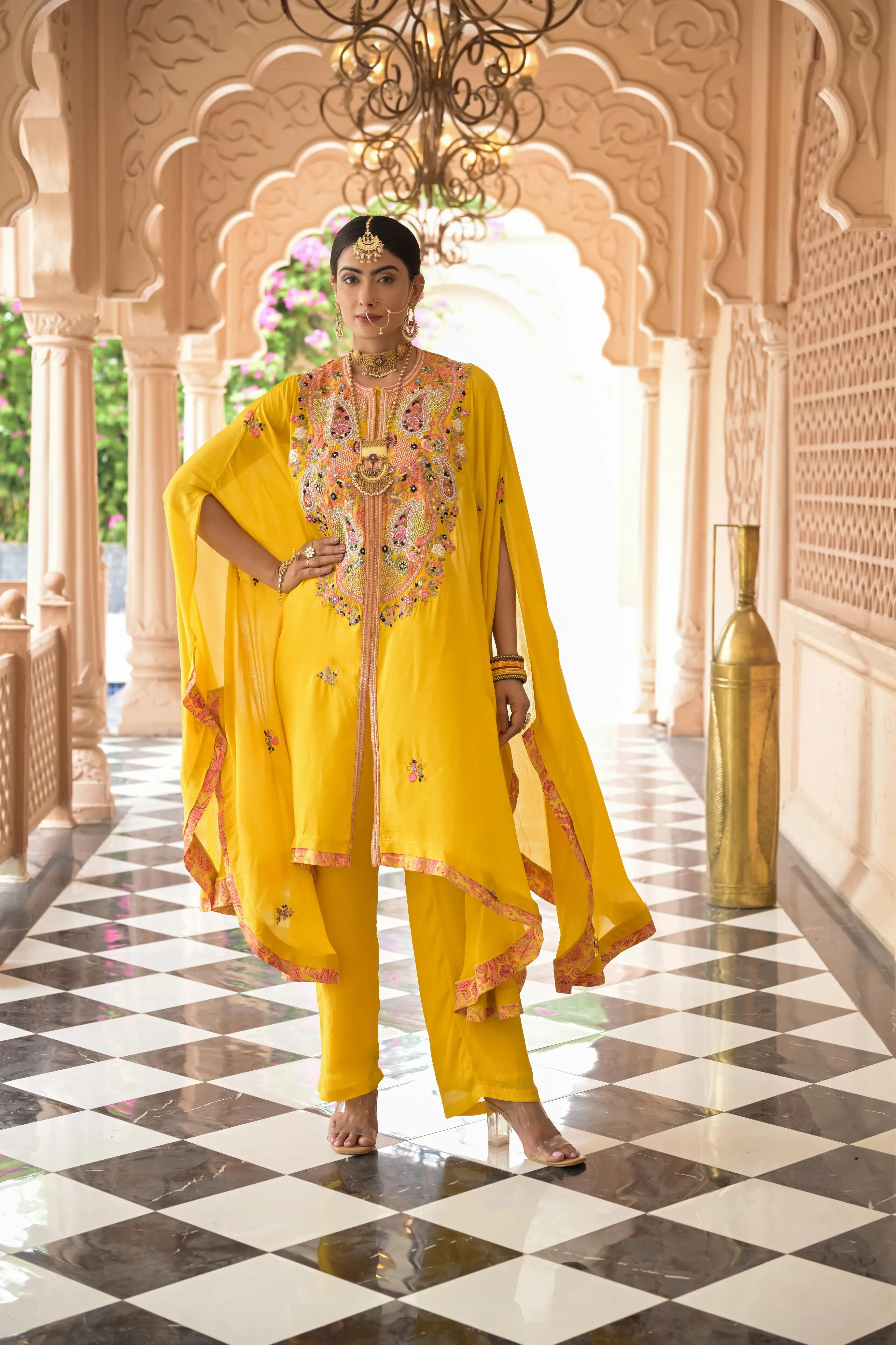 Bright Yellow Embroidered Premium Chinon Silk Kaftan Set