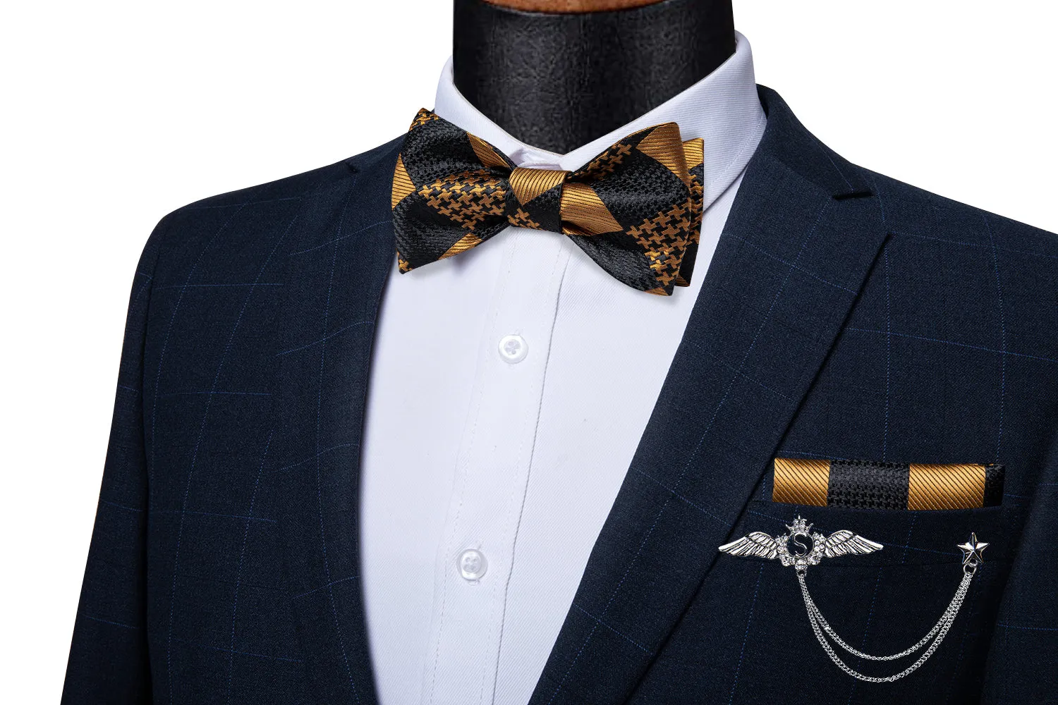 Brown Black Plaid Self-Bowtie Pocket Square Cufflinks With Wing Lapel Pin
