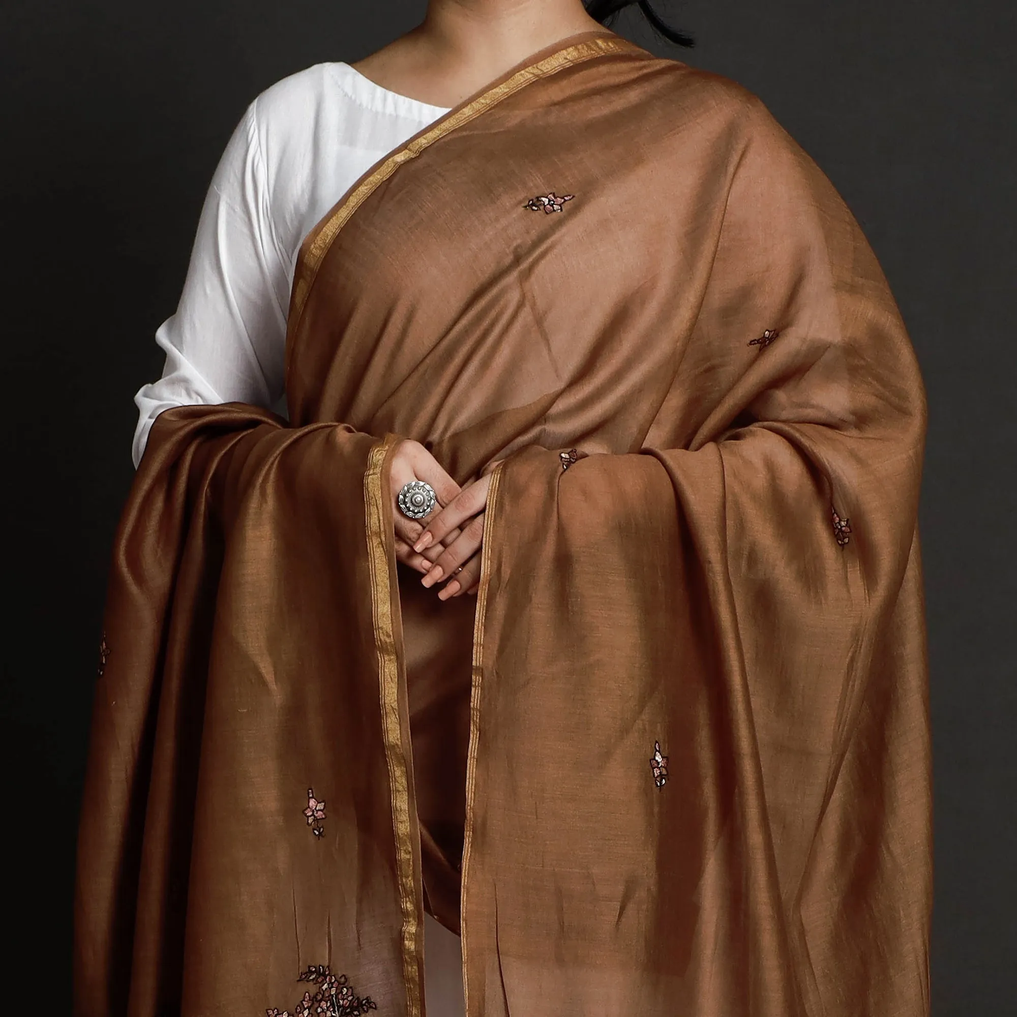 Brown - Kashidakari Hand Embroidered Chanderi Silk Handloom Dupatta with Zari Border