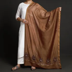Brown - Kashidakari Hand Embroidered Chanderi Silk Handloom Dupatta with Zari Border