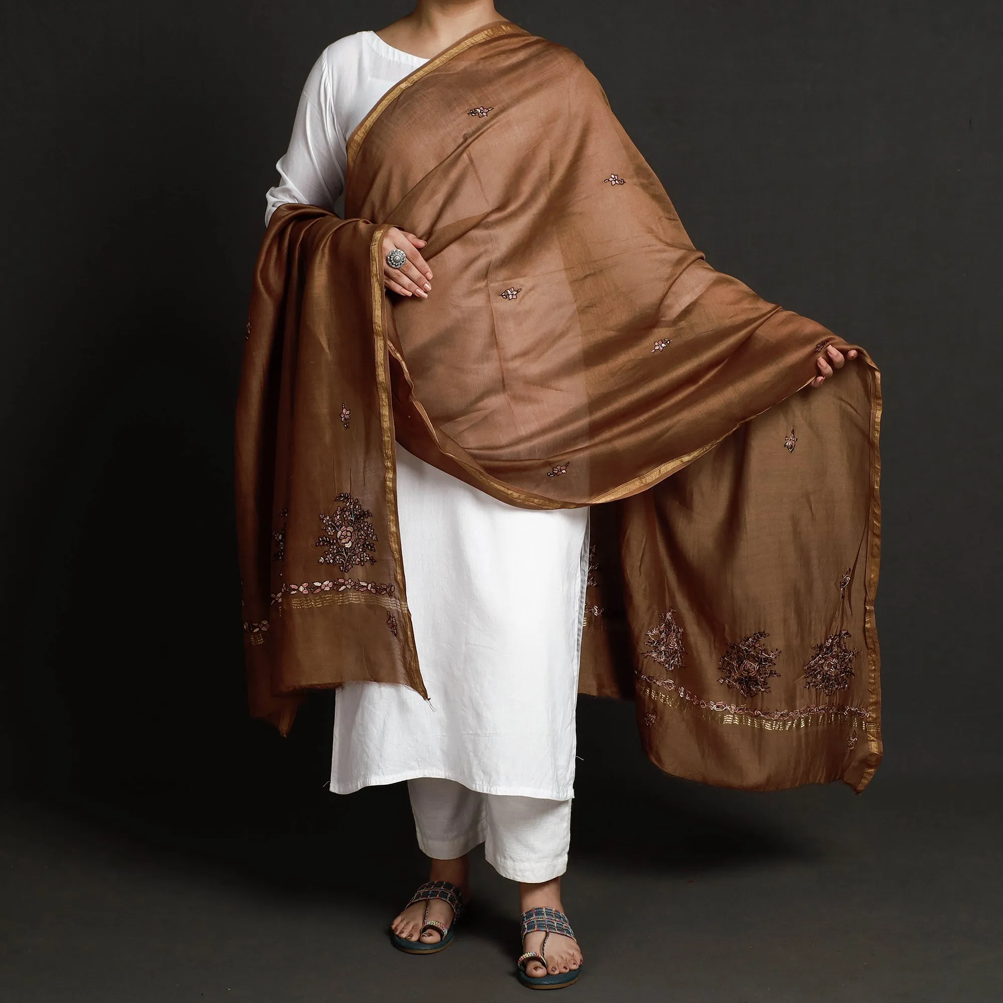 Brown - Kashidakari Hand Embroidered Chanderi Silk Handloom Dupatta with Zari Border