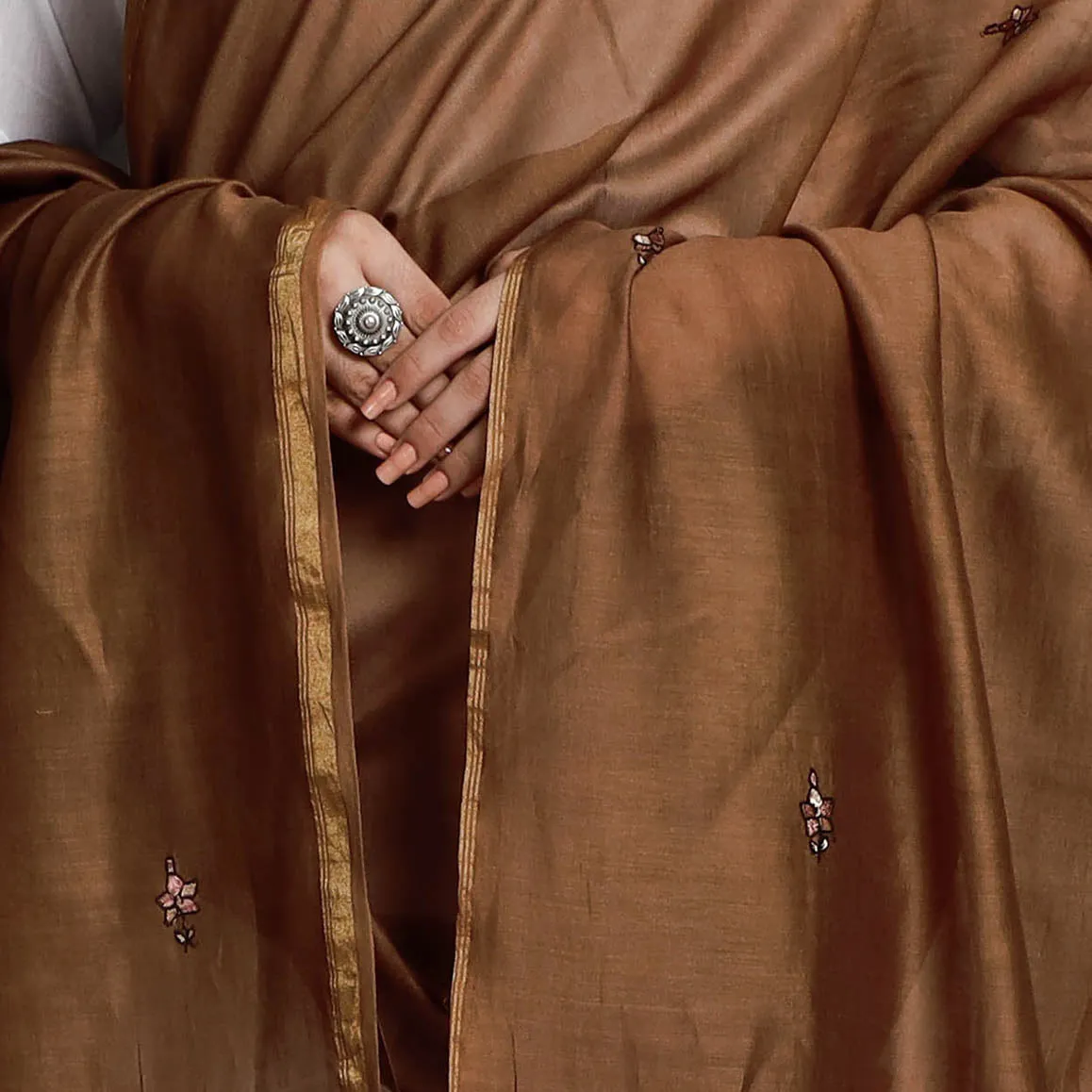 Brown - Kashidakari Hand Embroidered Chanderi Silk Handloom Dupatta with Zari Border