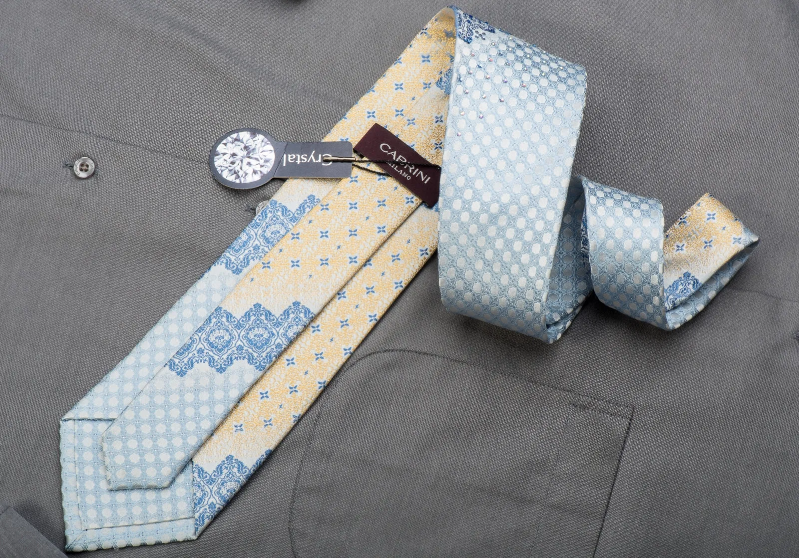 Cabrini Rhinestone Silk Necktie Cartouche On Blue With Silver Sparkles
