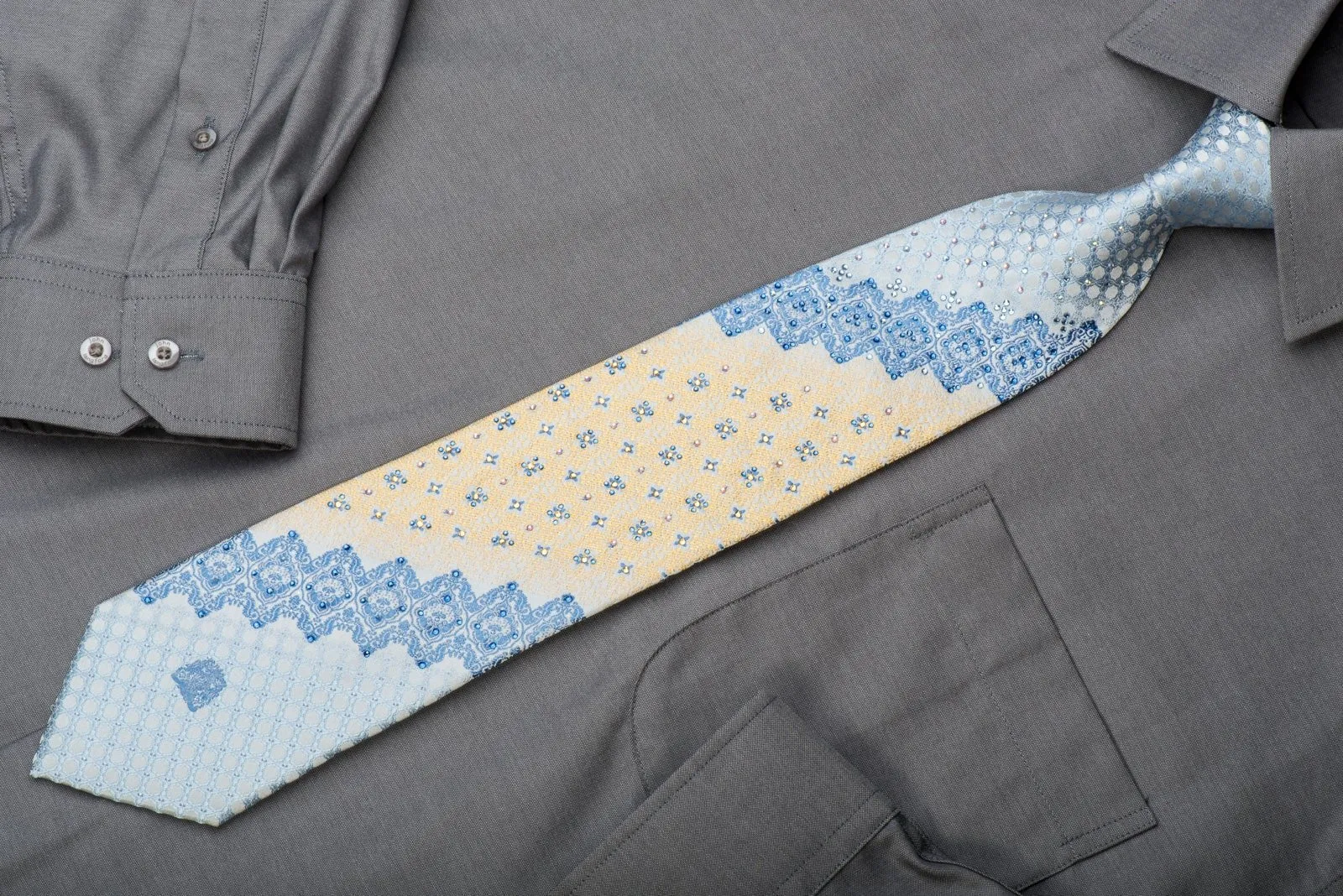 Cabrini Rhinestone Silk Necktie Cartouche On Blue With Silver Sparkles