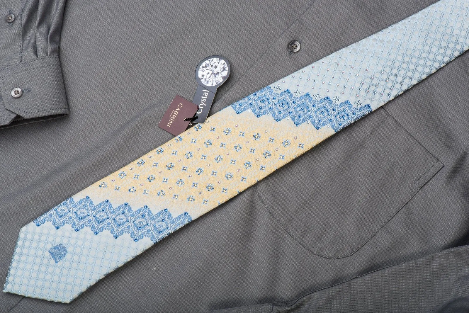 Cabrini Rhinestone Silk Necktie Cartouche On Blue With Silver Sparkles