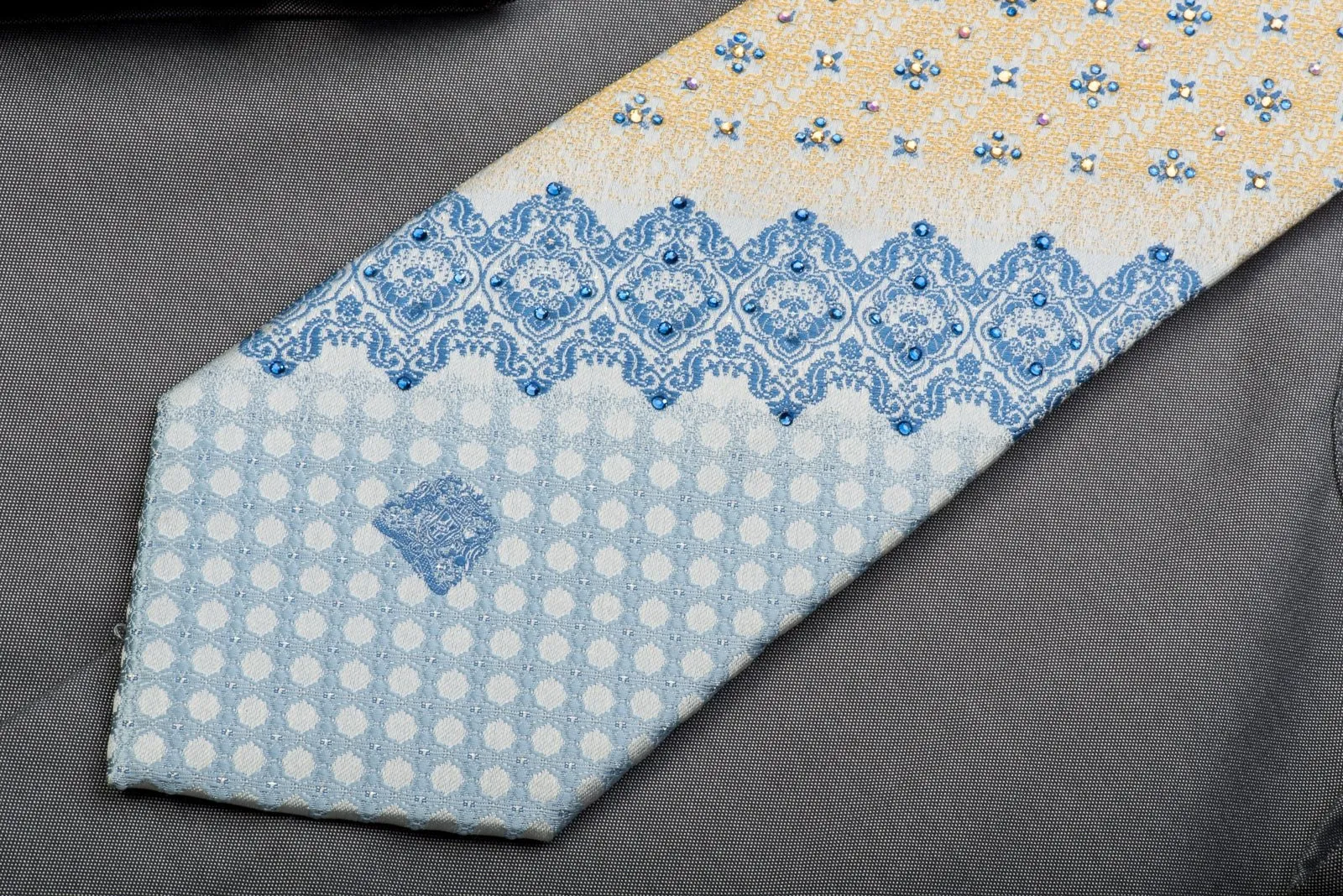 Cabrini Rhinestone Silk Necktie Cartouche On Blue With Silver Sparkles