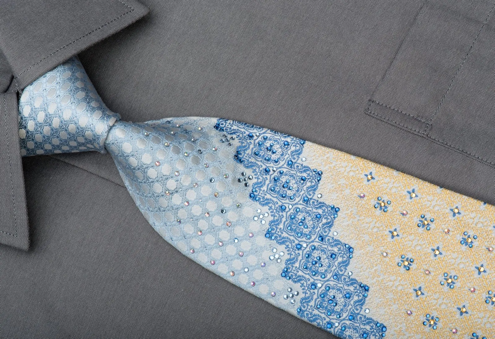 Cabrini Rhinestone Silk Necktie Cartouche On Blue With Silver Sparkles