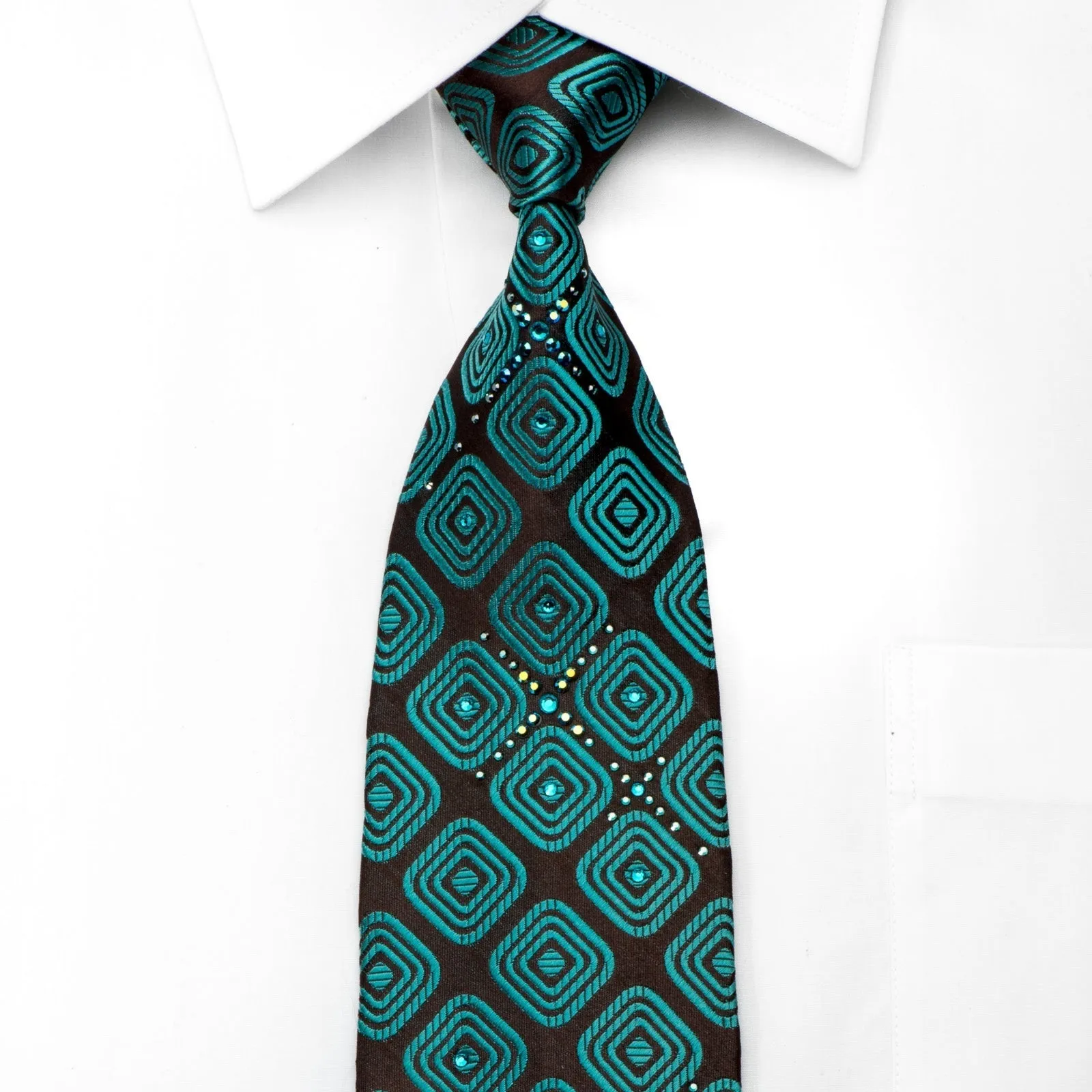 Charles Jourdan Men's Silk Tie Turquoise Geometric On Black Sparkling With Rhinestones
