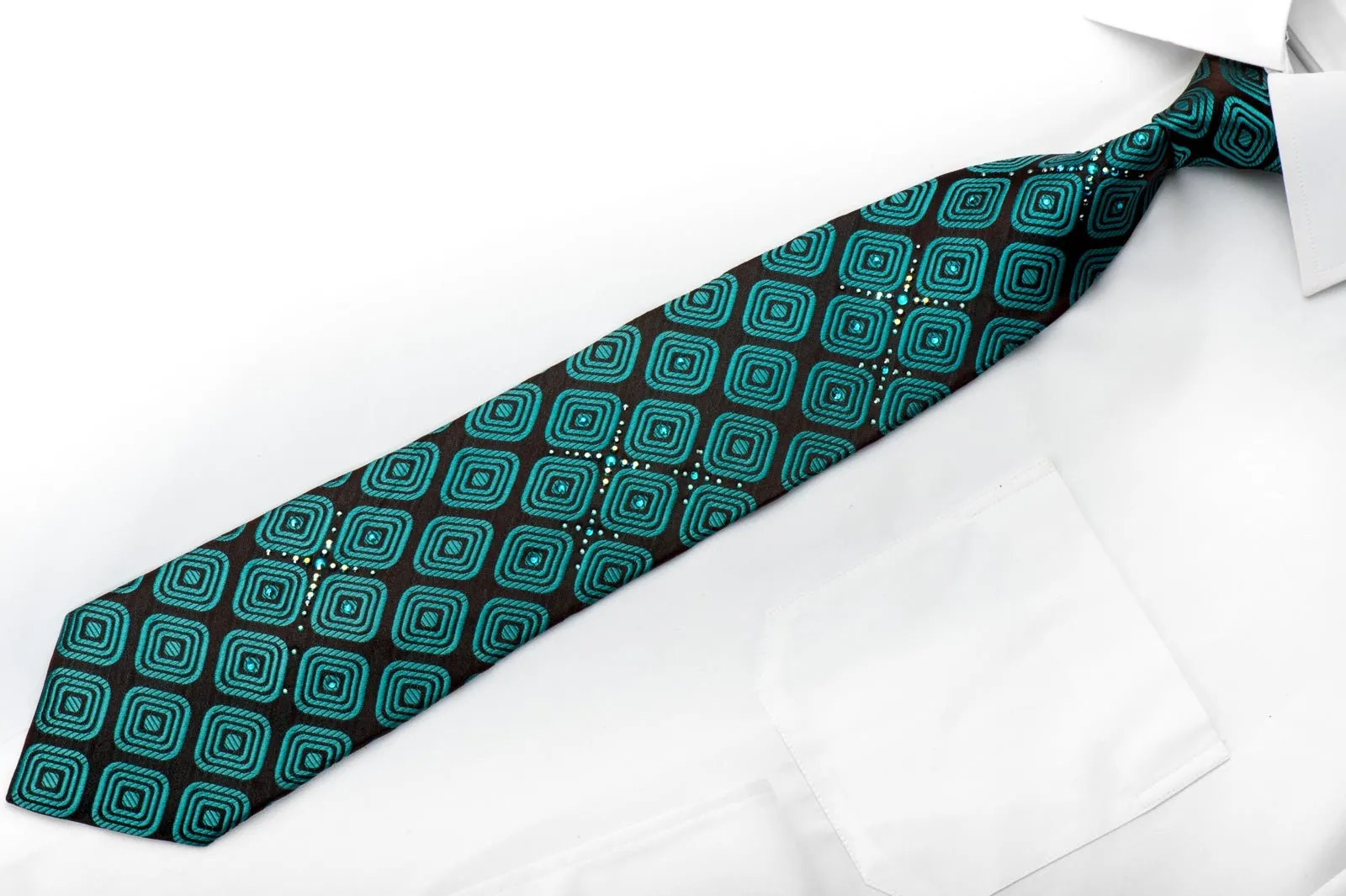 Charles Jourdan Men's Silk Tie Turquoise Geometric On Black Sparkling With Rhinestones