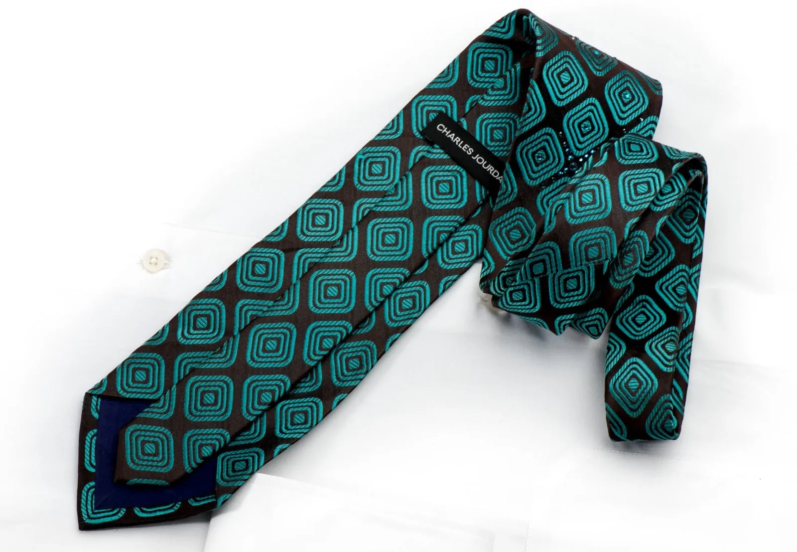 Charles Jourdan Men's Silk Tie Turquoise Geometric On Black Sparkling With Rhinestones