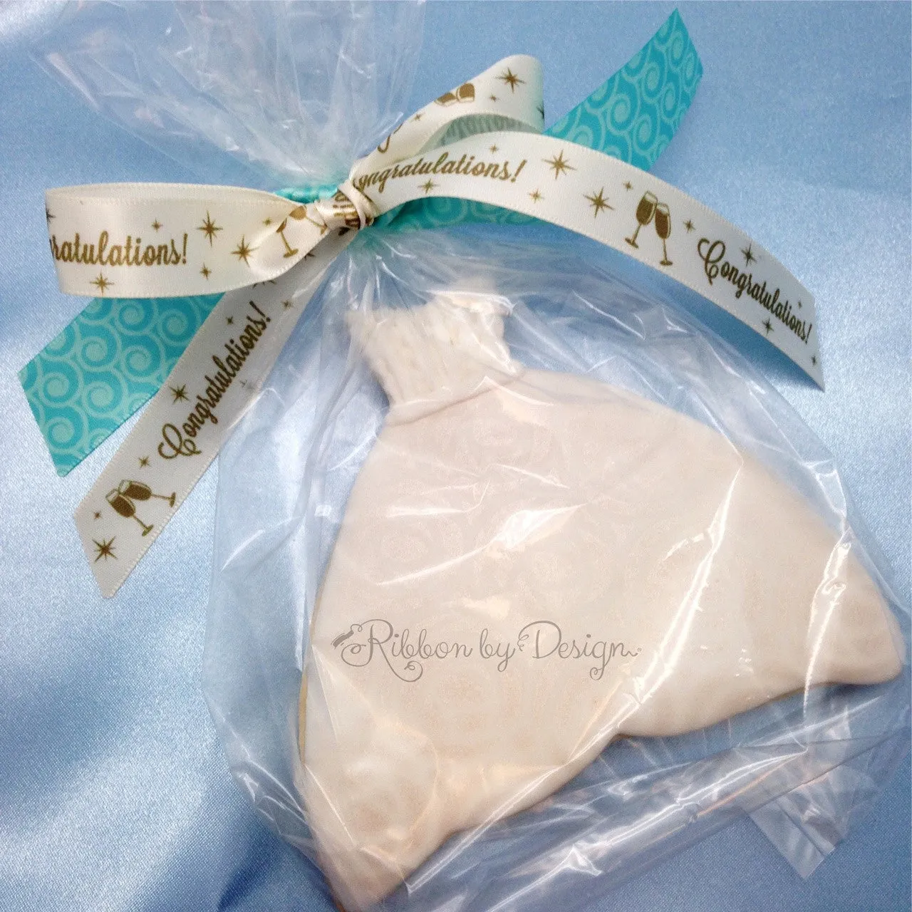 Congratulations Ribbon with champagne glasses in gold ink on 5/8"  antique white White Single Face Satin Ribbon