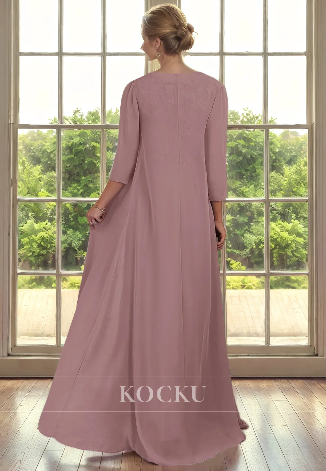 Couture & Ornate Long sleeves Appliques A-Line Chiffon Cocktail Mother of the Bride Dress
