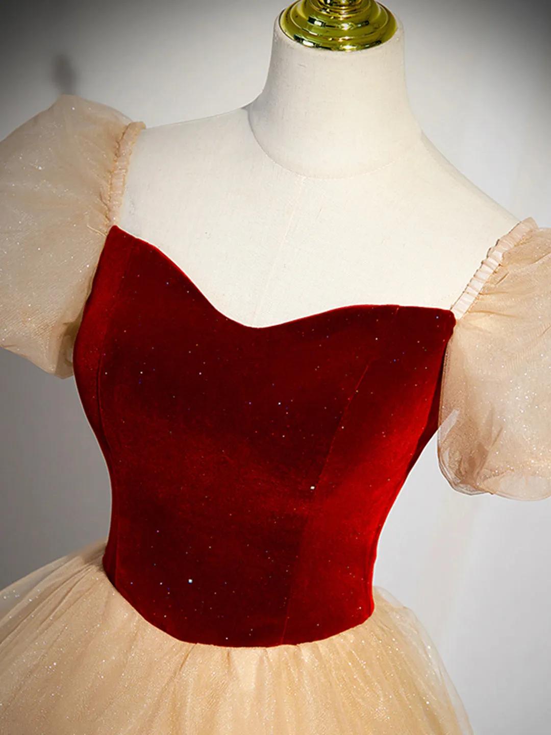 Cute Velvet Tulle Long Prom Dress A-Line Short Sleeve Formal Dress