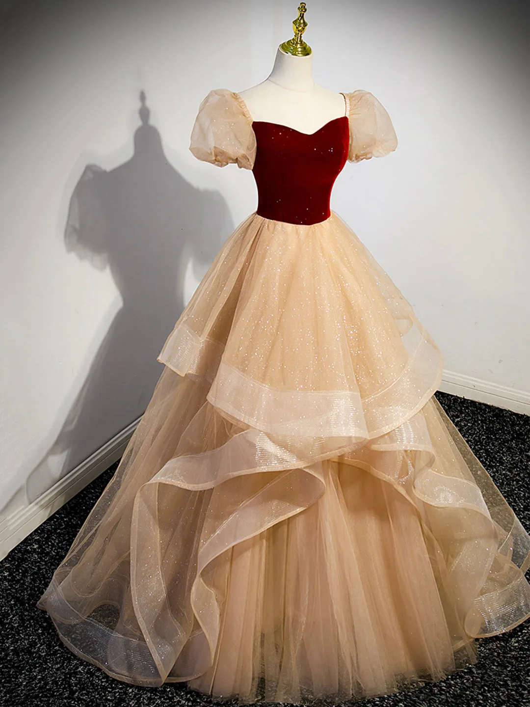 Cute Velvet Tulle Long Prom Dress A-Line Short Sleeve Formal Dress