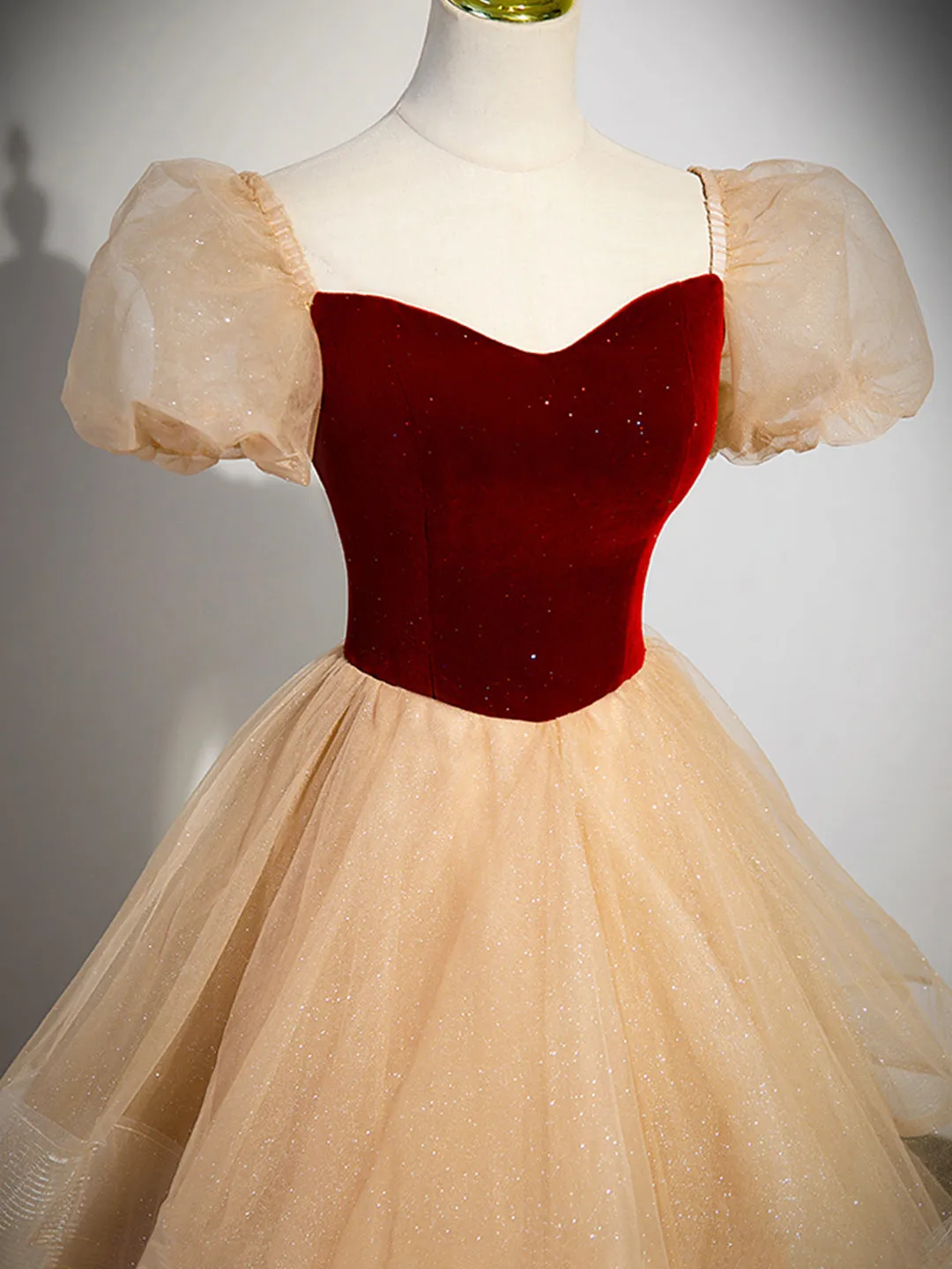 Cute Velvet Tulle Long Prom Dress A-Line Short Sleeve Formal Dress