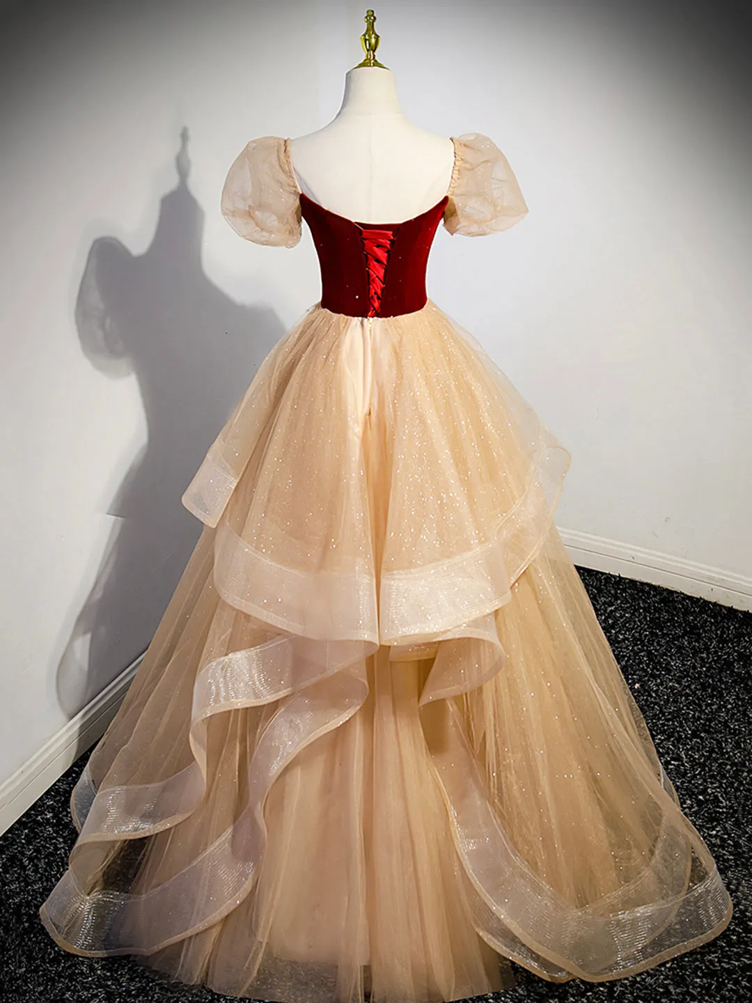 Cute Velvet Tulle Long Prom Dress A-Line Short Sleeve Formal Dress