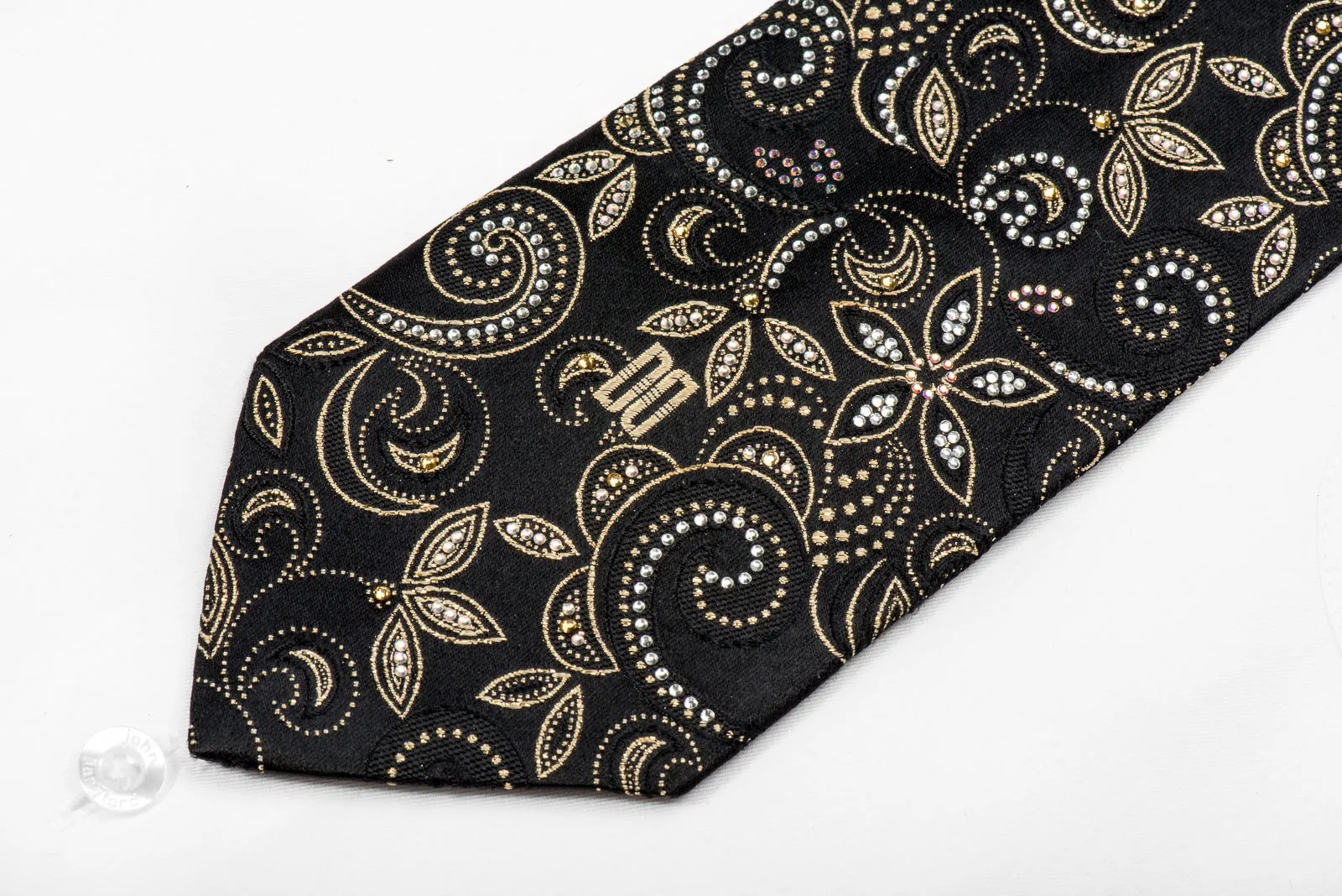 Daks Men's Crystal Silk Tie Gold Paisley Floral On Black With Gold Sparkles