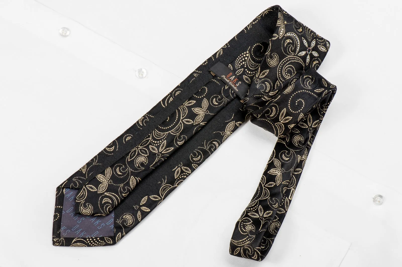Daks Men's Crystal Silk Tie Gold Paisley Floral On Black With Gold Sparkles