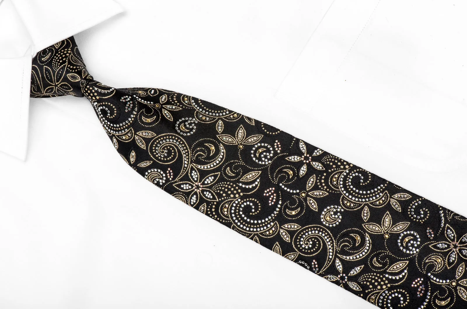 Daks Men's Crystal Silk Tie Gold Paisley Floral On Black With Gold Sparkles