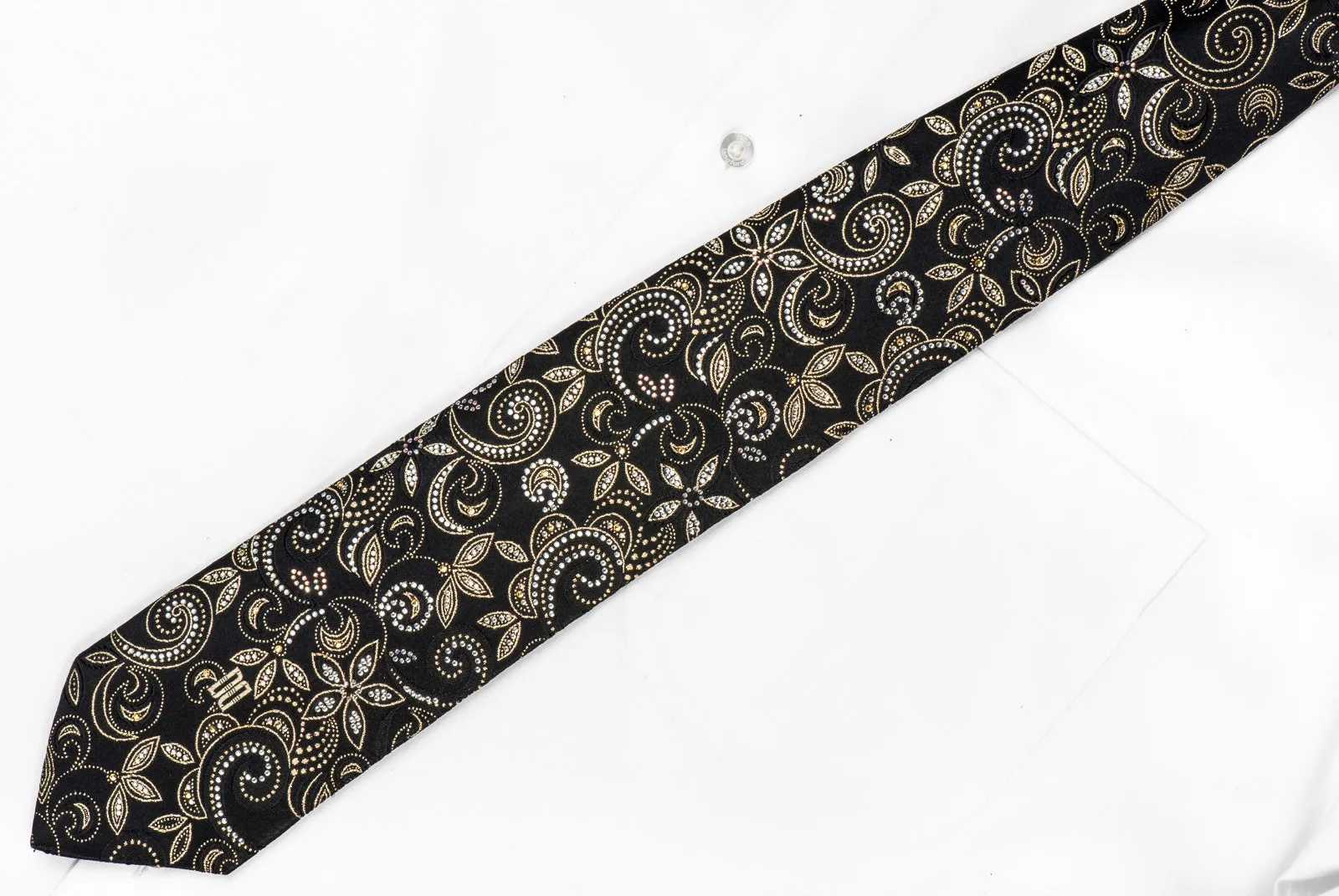 Daks Men's Crystal Silk Tie Gold Paisley Floral On Black With Gold Sparkles