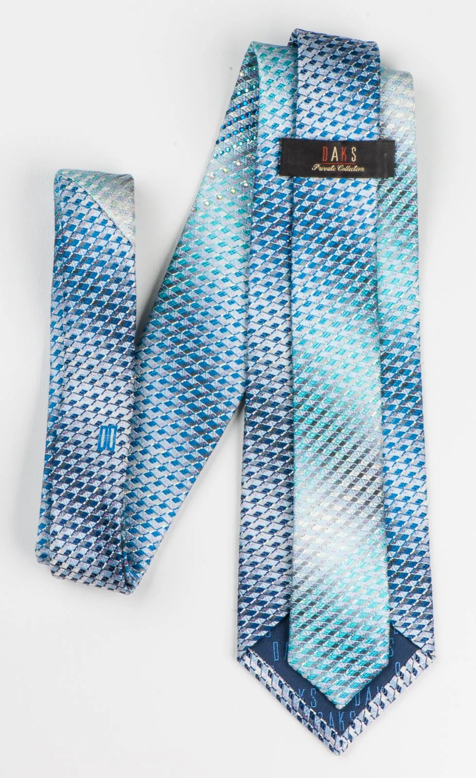 Daks Men's Silk Rhinestone Tie Blue Checked With Silver Sparkles
