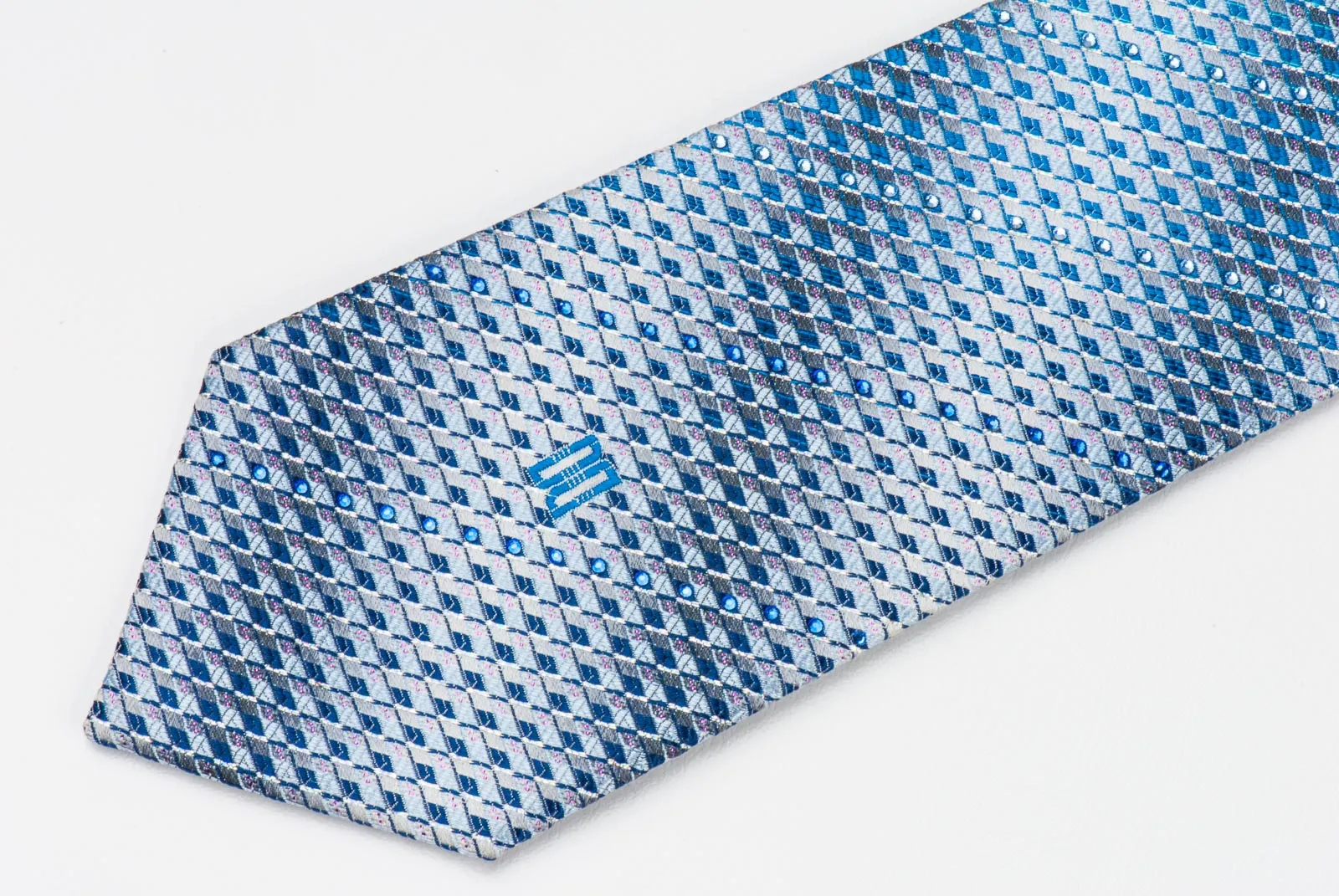 Daks Men's Silk Rhinestone Tie Blue Checked With Silver Sparkles