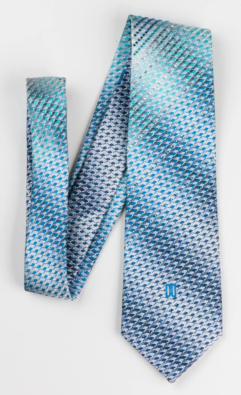 Daks Men's Silk Rhinestone Tie Blue Checked With Silver Sparkles