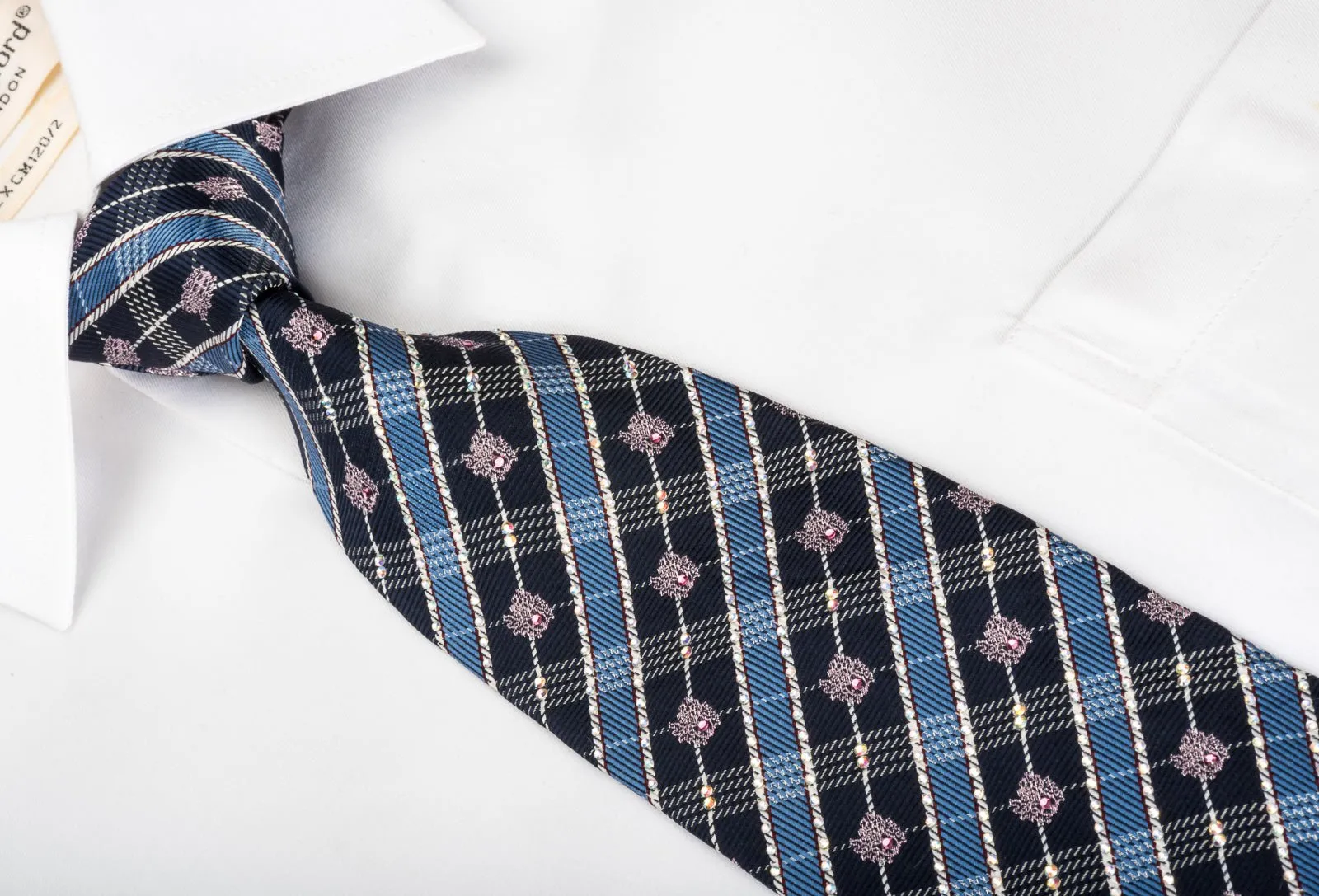 Daks Silk Rhinestone Necktie Blue Plaids With Silver Sparkles