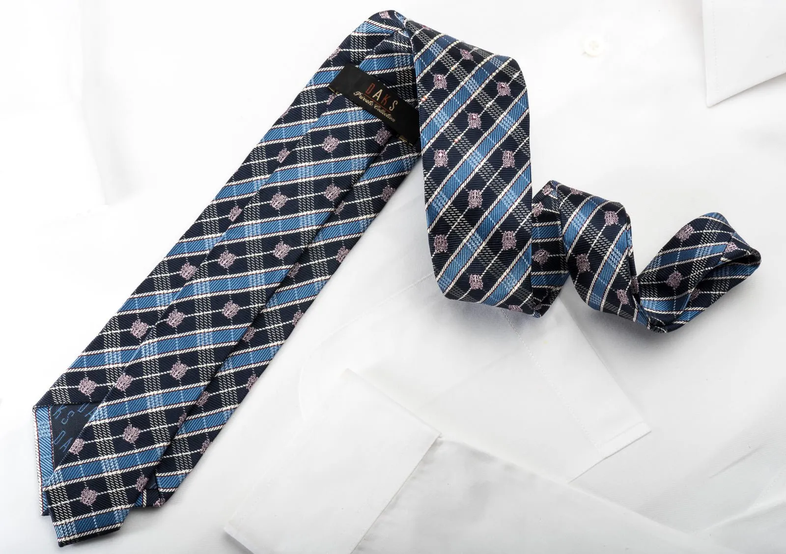 Daks Silk Rhinestone Necktie Blue Plaids With Silver Sparkles