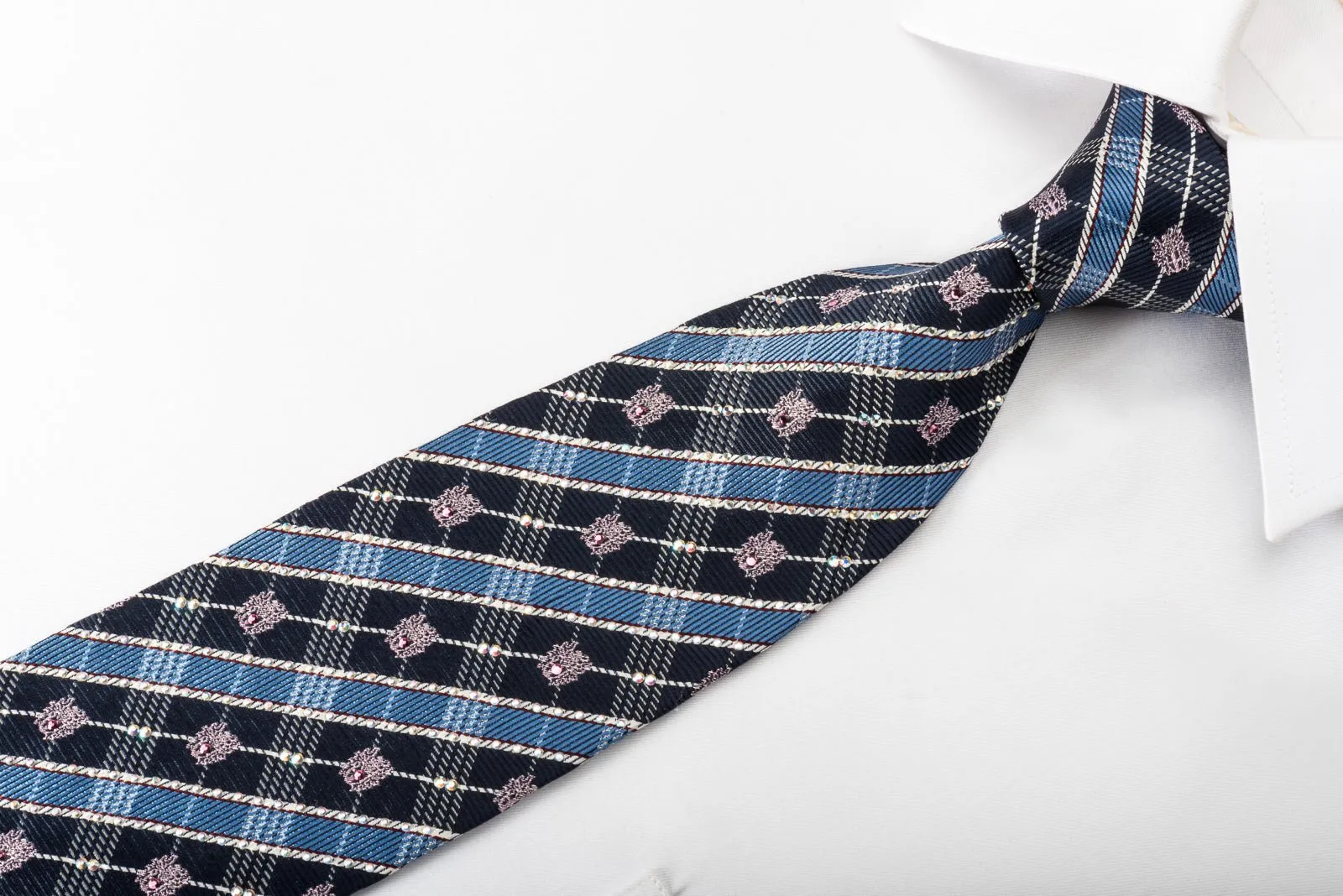 Daks Silk Rhinestone Necktie Blue Plaids With Silver Sparkles