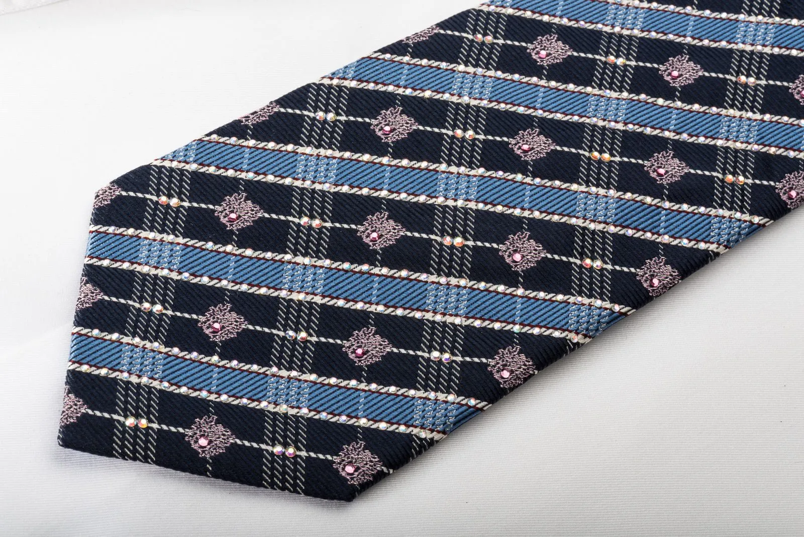 Daks Silk Rhinestone Necktie Blue Plaids With Silver Sparkles