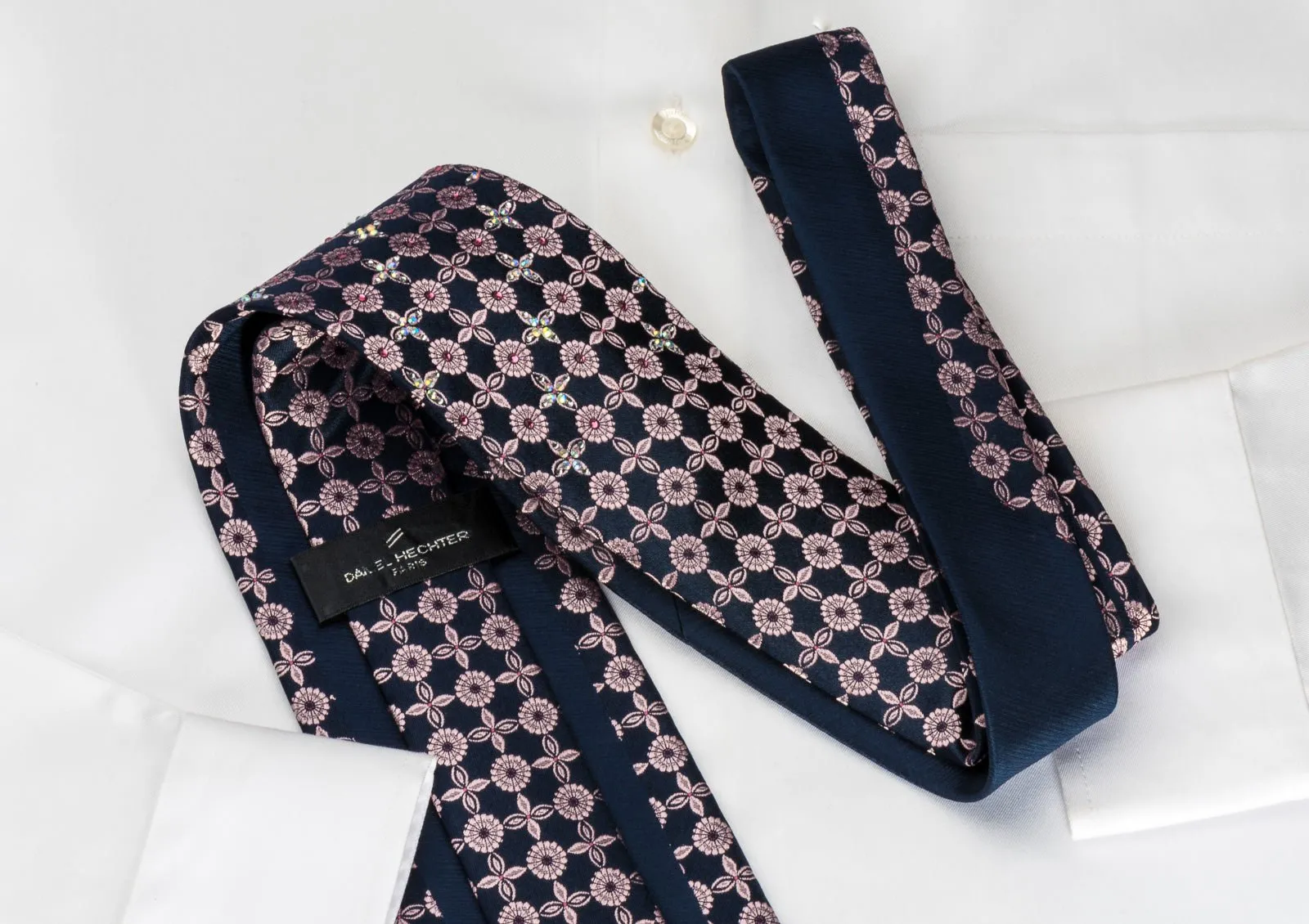 Daniel Hechter Silk Tie Floral Foulard On Blue With Rhinestones