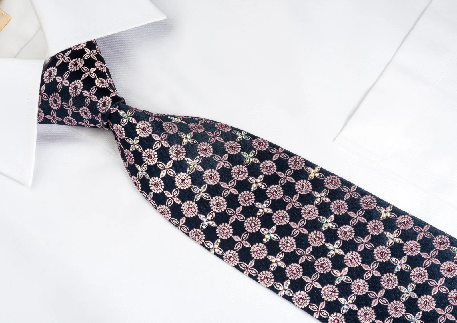 Daniel Hechter Silk Tie Floral Foulard On Blue With Rhinestones