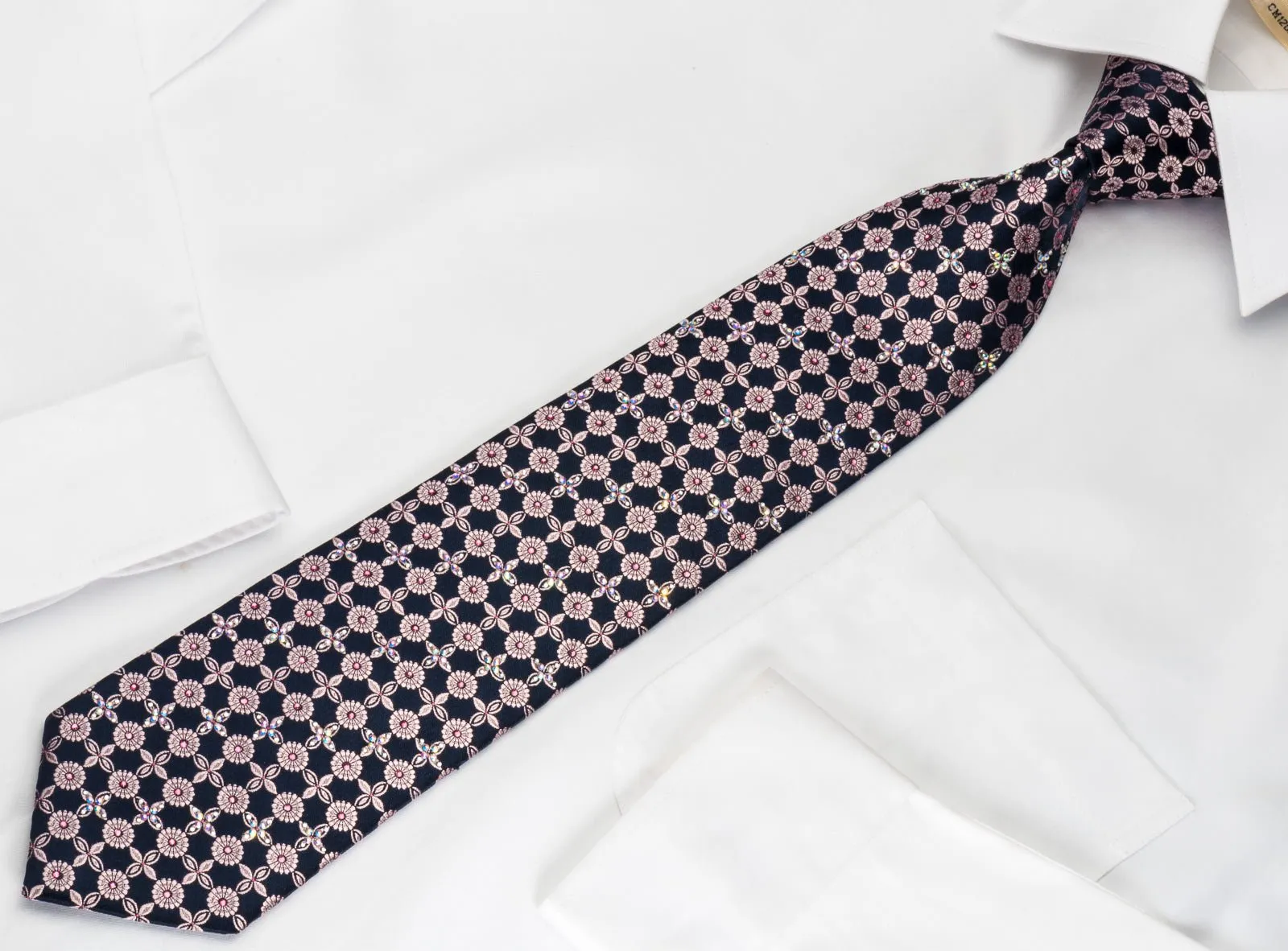 Daniel Hechter Silk Tie Floral Foulard On Blue With Rhinestones