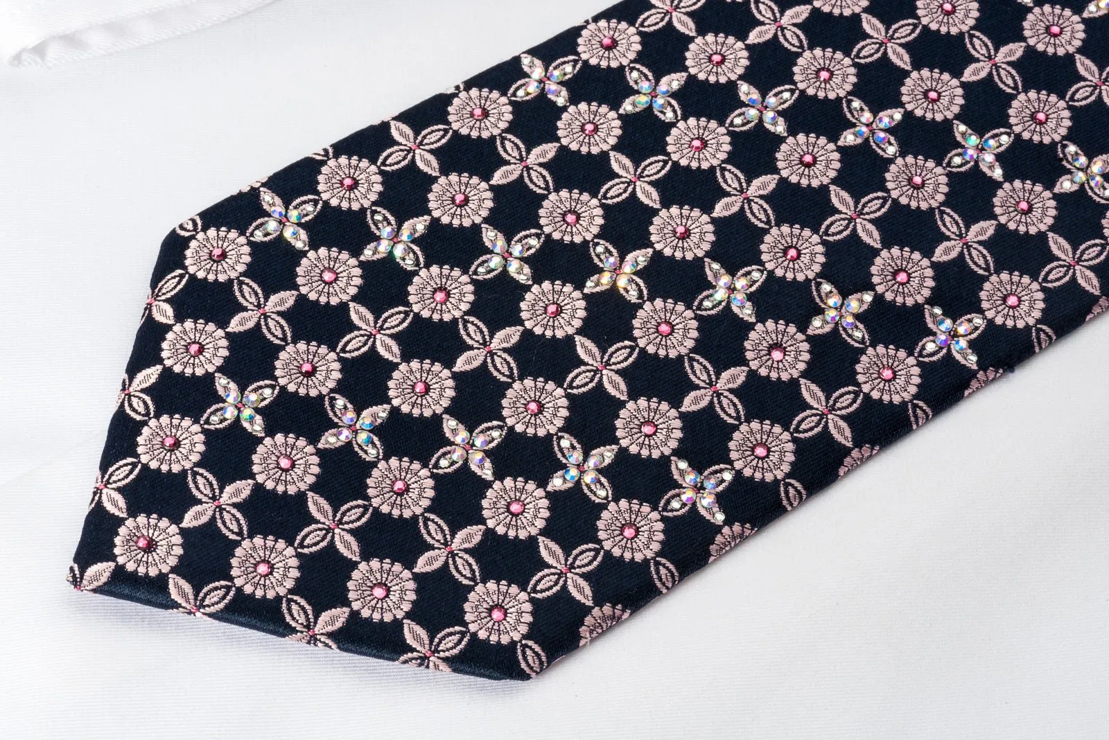 Daniel Hechter Silk Tie Floral Foulard On Blue With Rhinestones